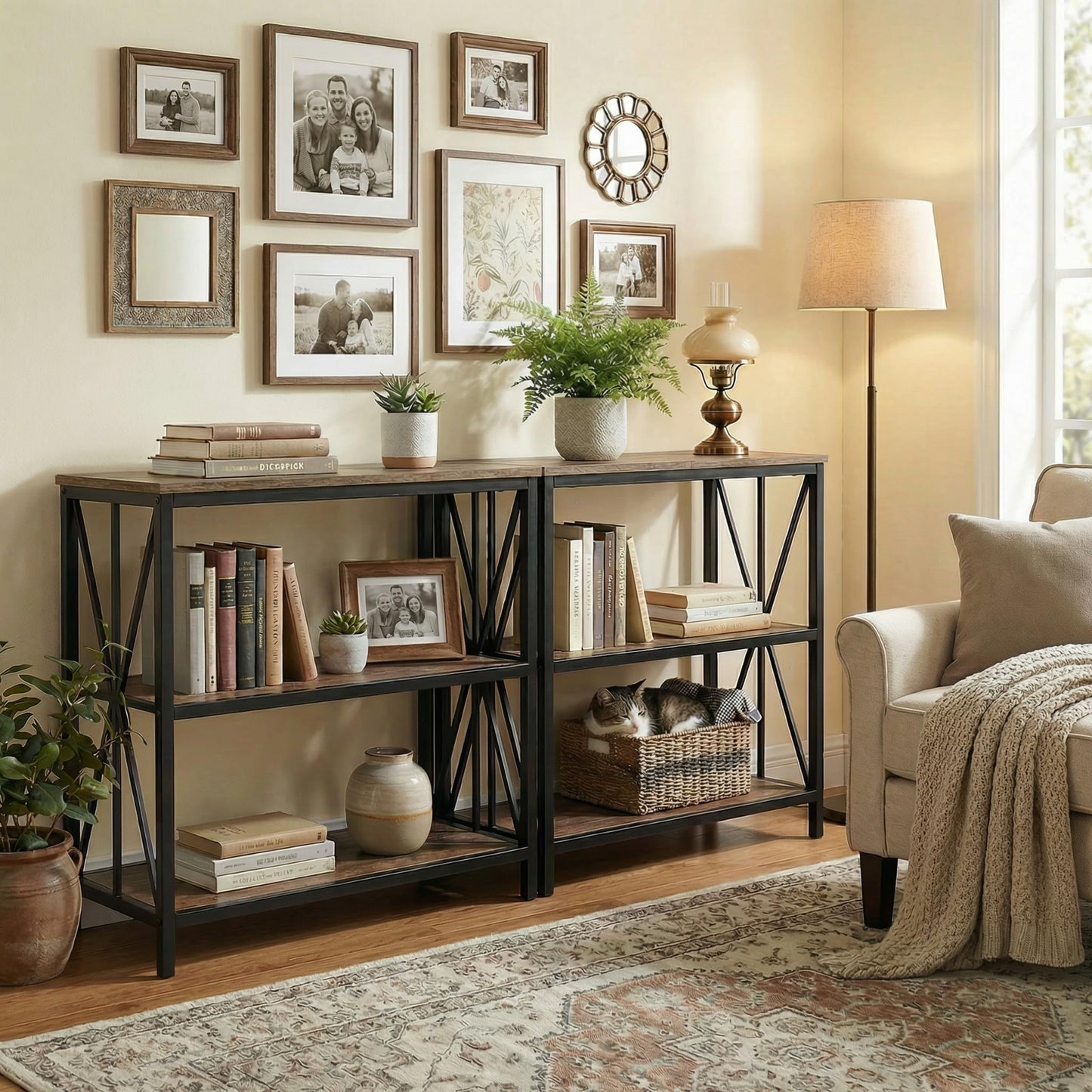 Lavish Home 3-Tier Industrial Bookshelf Set of 2 - Freestanding Open Bookcase for Home or Office Organization and Storage - Book Organizer (Brown Woodgrain)