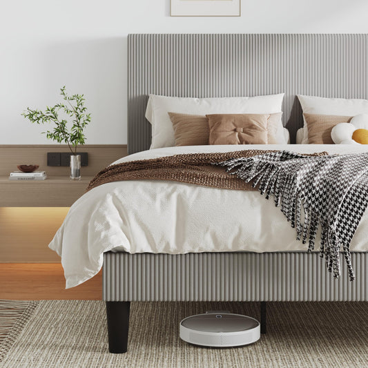 Allewie King Size Upholstered Bed Frame with Vertical Channel Tufted Headboard, Soft Corduroy Fabric Platform Bed, Strong Wooden Slats Support, Easy Assembly, No Box Spring Needed, Light Grey