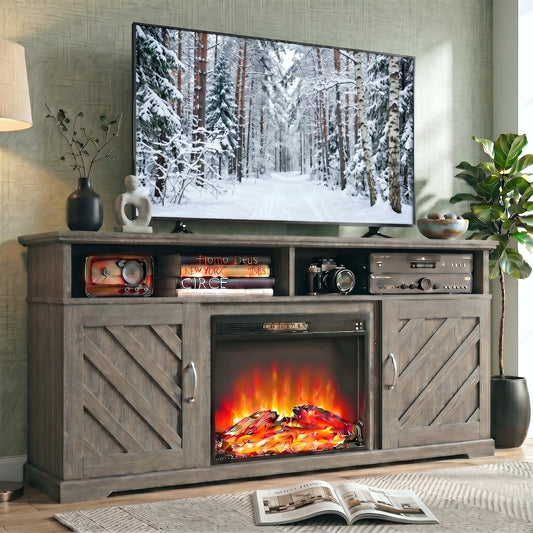 Marsail Fireplace TV Stand for 70 inch TV, Farmhouse Entertainment Center with Storage, Wood TV Console with Fireplace, TV Cabinets for Living Room and Bedroom, Grey