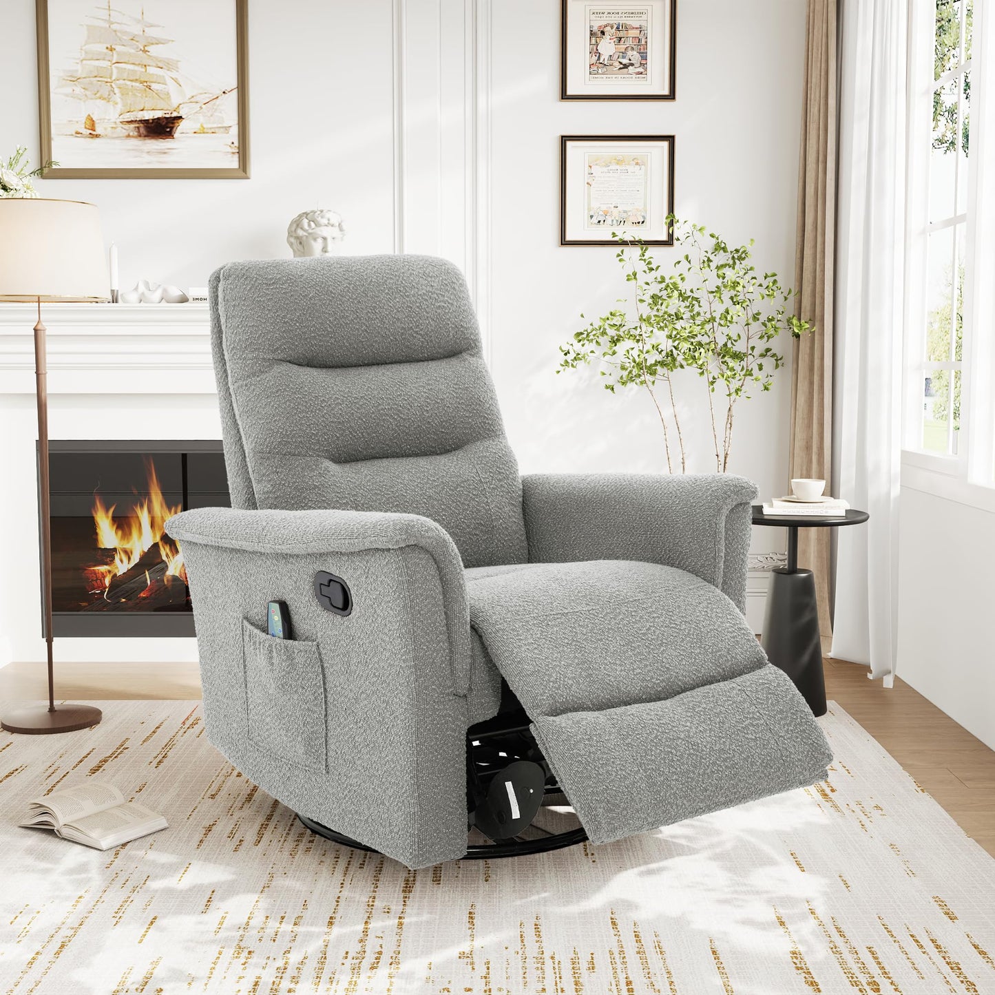 Merax Manual Recliner Chair Rocking & 270° Swivel Recliner with 8-Point Massage Function and Adjustable Backrest, Chenille Recliner for Living Room, Nursery, Bedroom, Grey
