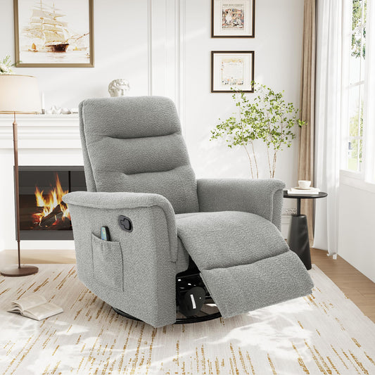 Merax Manual Recliner Chair Rocking & 270° Swivel Recliner with 8-Point Massage Function and Adjustable Backrest, Chenille Recliner for Living Room, Nursery, Bedroom, Grey