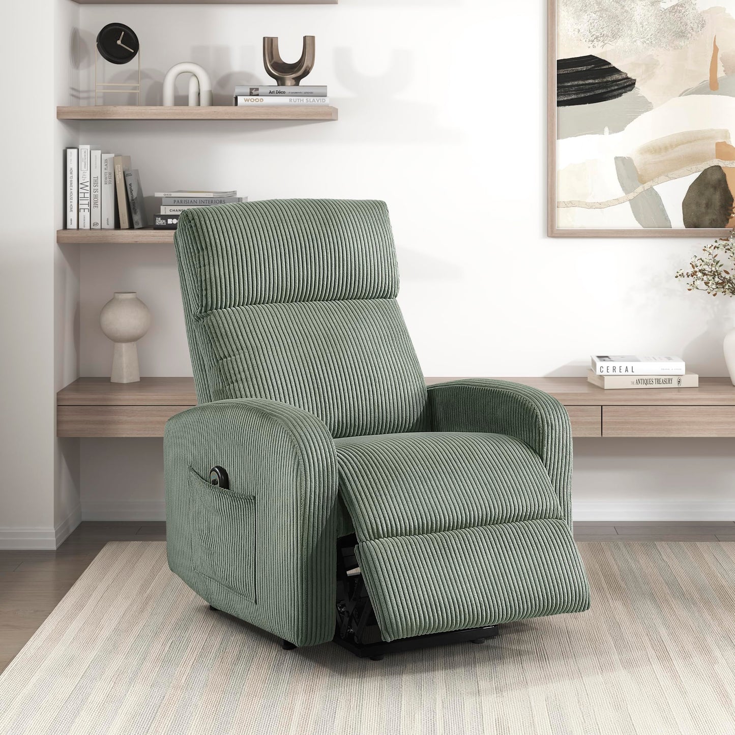 Lexicon Power Lift Recliner Chair for Elderly with Remote Control, Gentle Lift Motion, Side Pocket Armrest, Corduroy Upholstered Electric Recliner for Living Room/Bedroom, Easy Assembly, Green