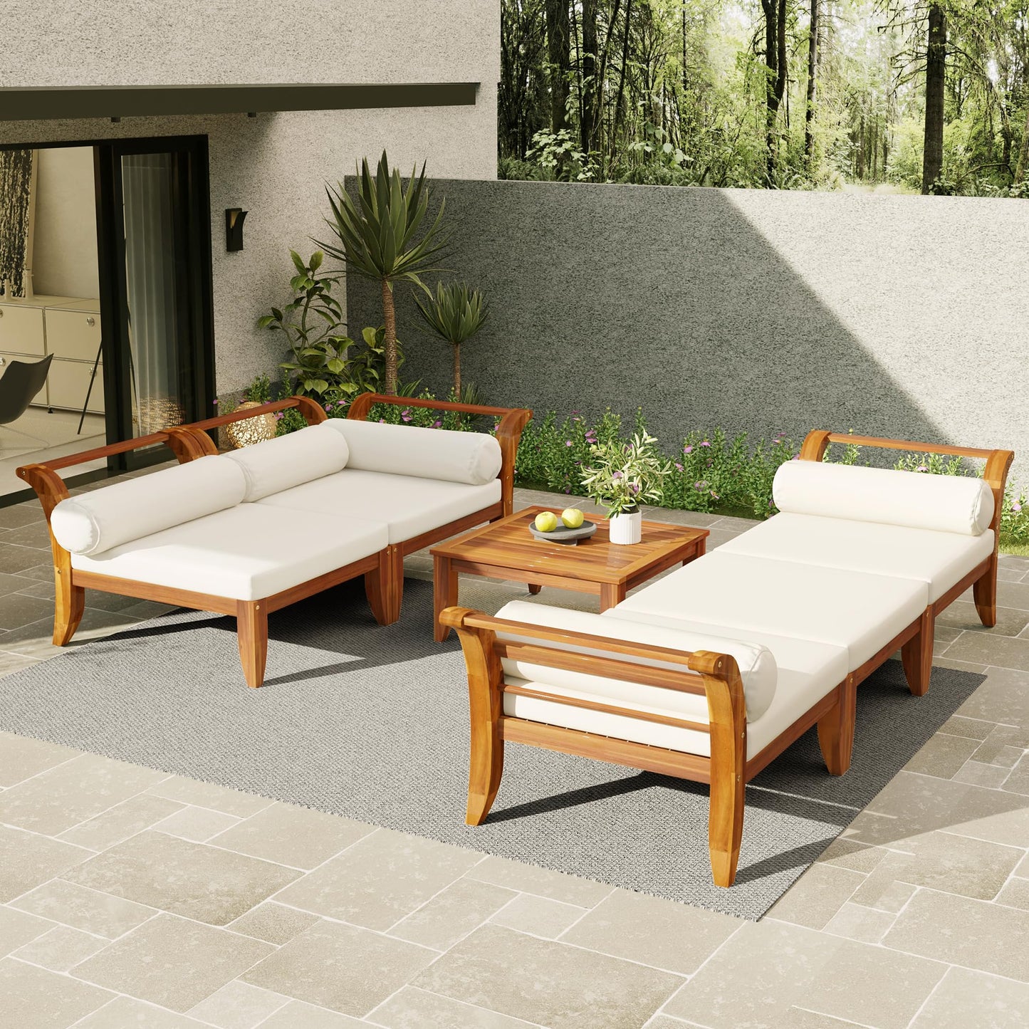 Merax 6 Pieces Patio Furniture Set, Outdoor L-Shaped Sectional Sofa Set with Coffee Table, Acacia Wood Conversation Seating & Cushions and Lumbar Pillows, for Garden, Poolside and Backyard, Teak+Beige
