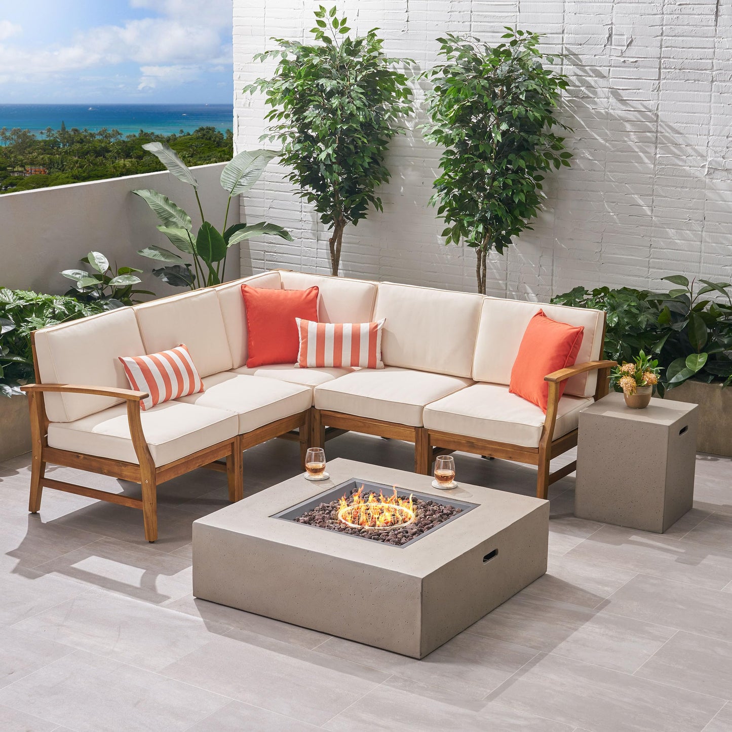 Christopher Knight Home Illona Outdoor 5 Seater V-Shaped Acacia Wood Sofa Set with Square Fire Table and Tank, 23.75 "W x 28 "D x 32.75 "H, Teak + Cream + Light Gray