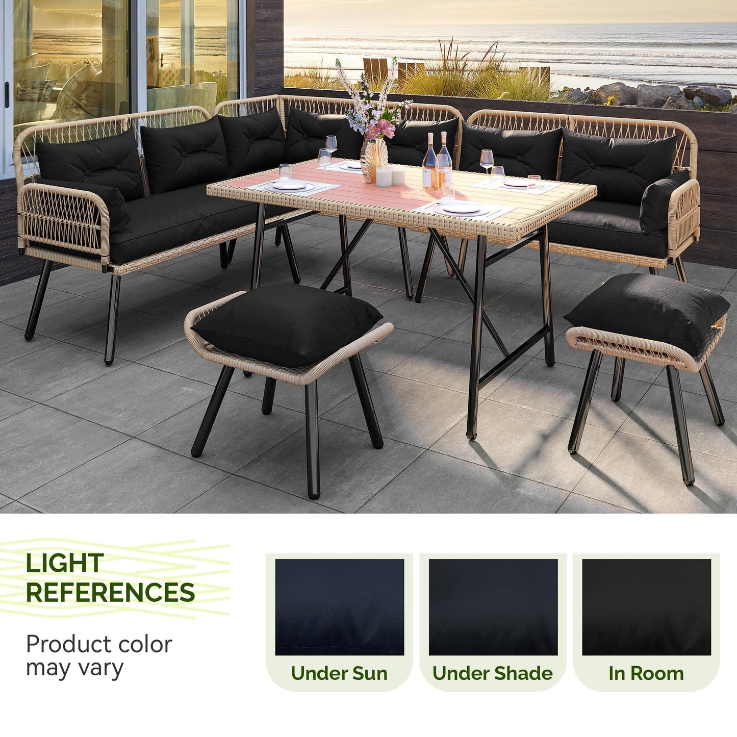 YITAHOME L-Shaped Patio Furniture Set, All-Weather Rattan Outdoor Conversation Sofa with Soft Cushions, Ottomans & Plastic Wood Dining Table for Backyard Deck, Light Brown + Black