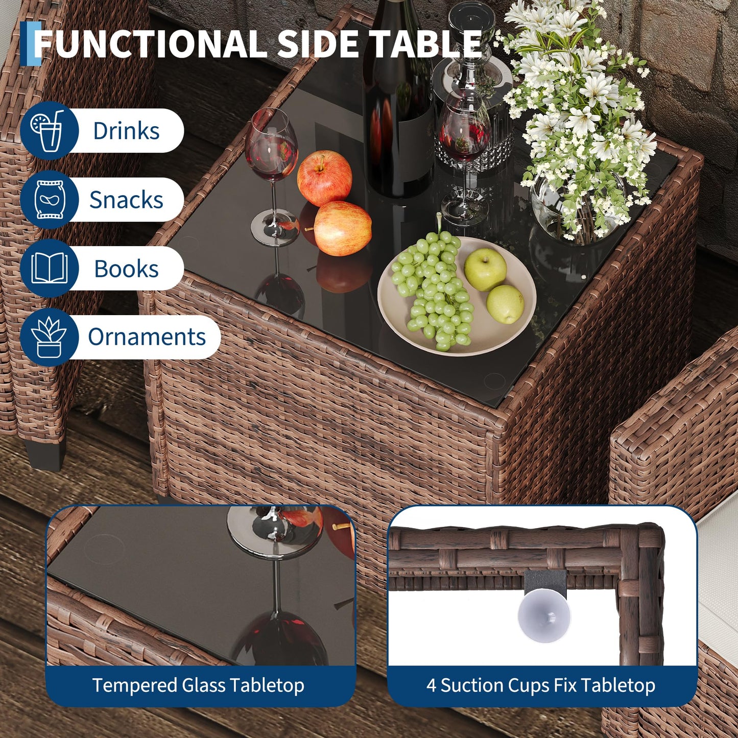 GarveeLife 3 Pieces Patio Furniture Set, PE Rattan Patio Conversation Set with Tempered Glass Tabletop, Outdoor Wicker Chairs and Table Set for Patio Balcony Garden, Brown and Grey