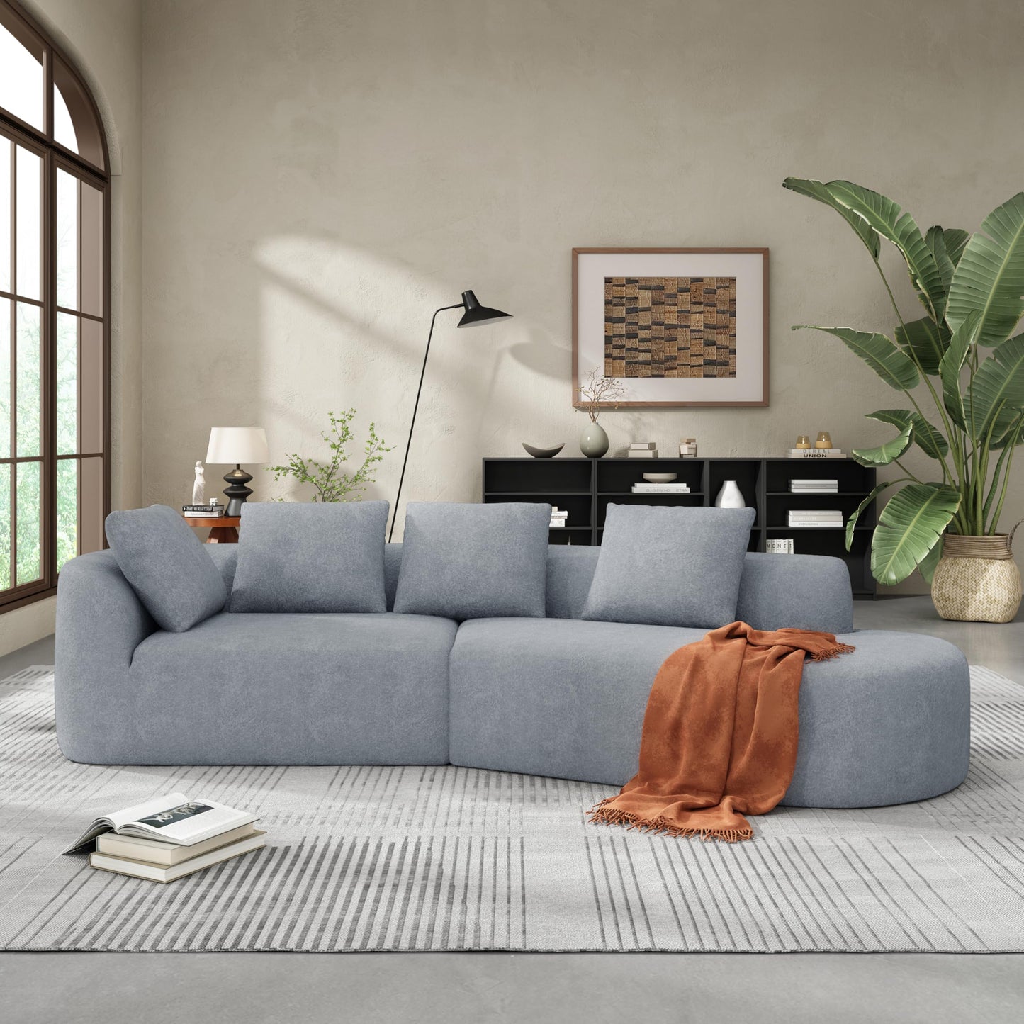 Christopher Knight Home 116" Modern Curved Sectional Sofa 2 Piece Set with Chaise Lounge High-Density Compressed Sponge Couch, Fully Assembled Right Hand Facing Sofa for Living Room Lounge, Light Grey
