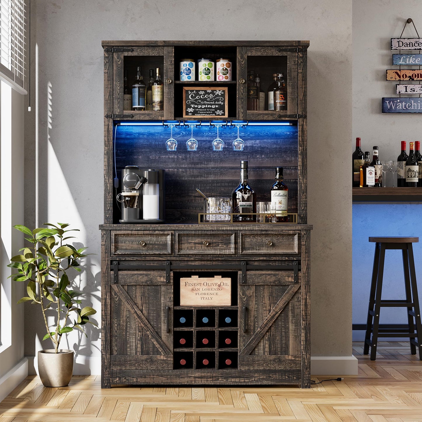 IDEALHOUSE 72" Modern Farmhouse Coffee Bar Cabinet with LED Lights & Power Outlets, Sliding Barn Doors, Rustic Dark Oak Kitchen Buffet with Wine Storage, Ample Storage for Home Bar, Microwave
