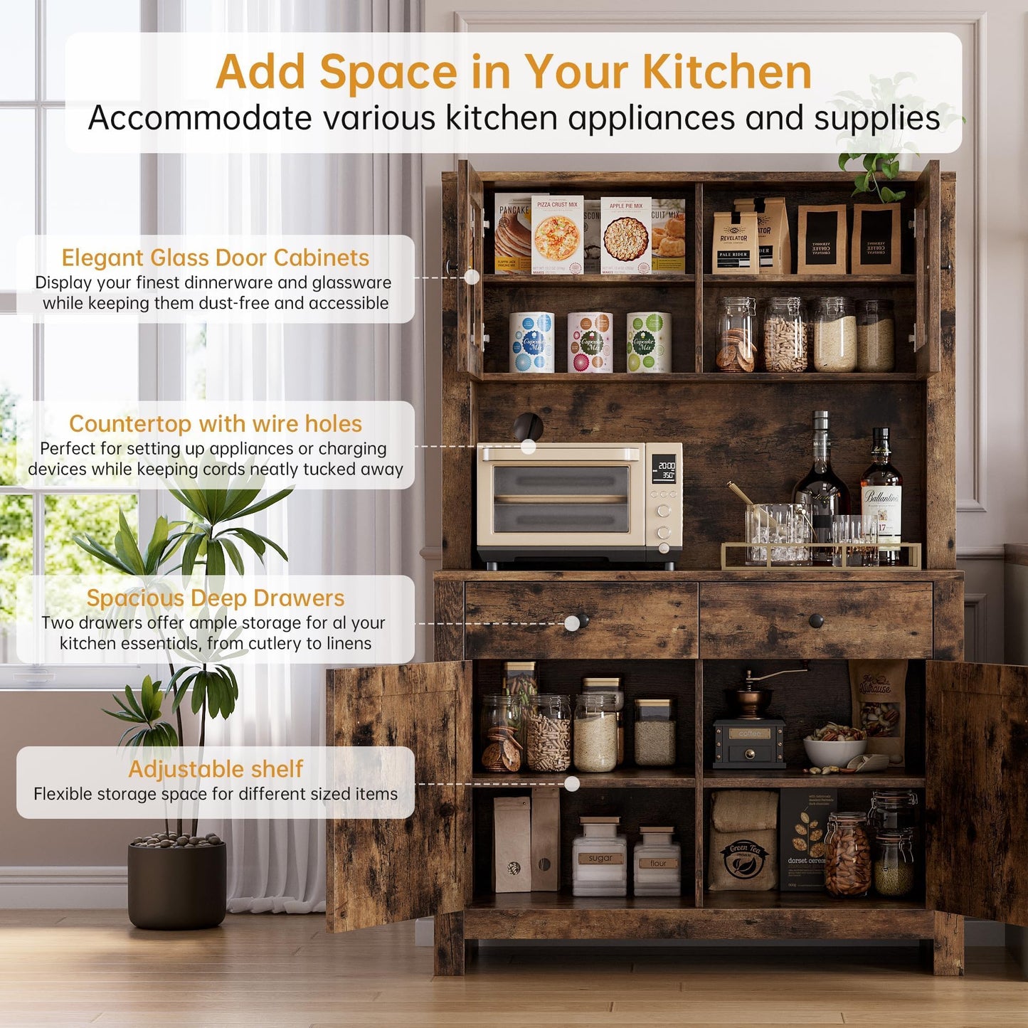 IDEALHOUSE 63" Kitchen Pantry Cabinet with Drawers, Hutch Cabinet with Storage, Microwave Stand, Adjustable Shelves, Freestanding Tall Pantry Storage for Dining Room, Living Room, Rustic Brown