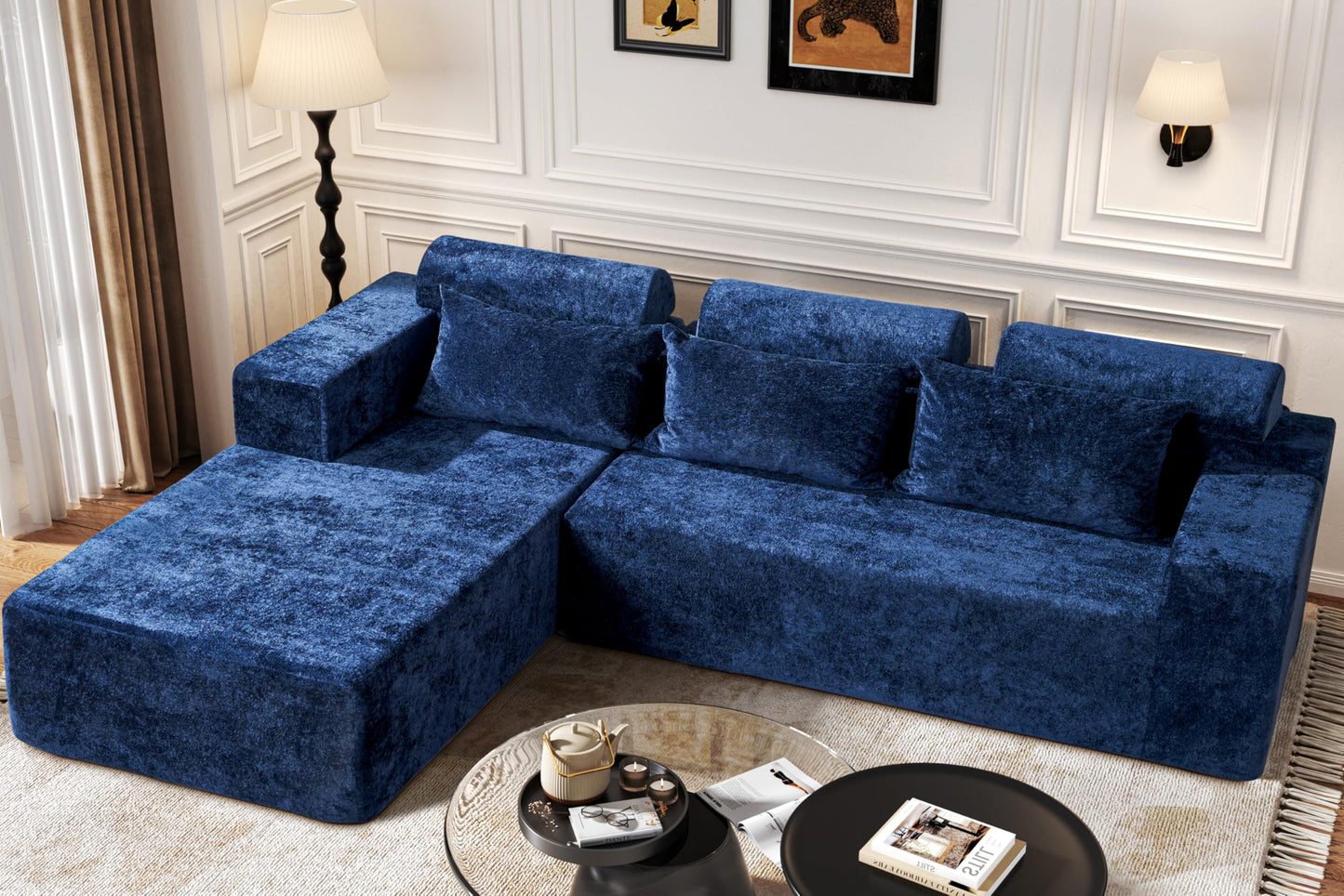 Homguava Modular Sectional Couches for Living Room,105" Cloud Couch with L-Shape Chaise,Comfy Sofa Living Room Couch with Deep Seat,No Assembly L Couch,Luxury Distressed Velvet(Blue,L)