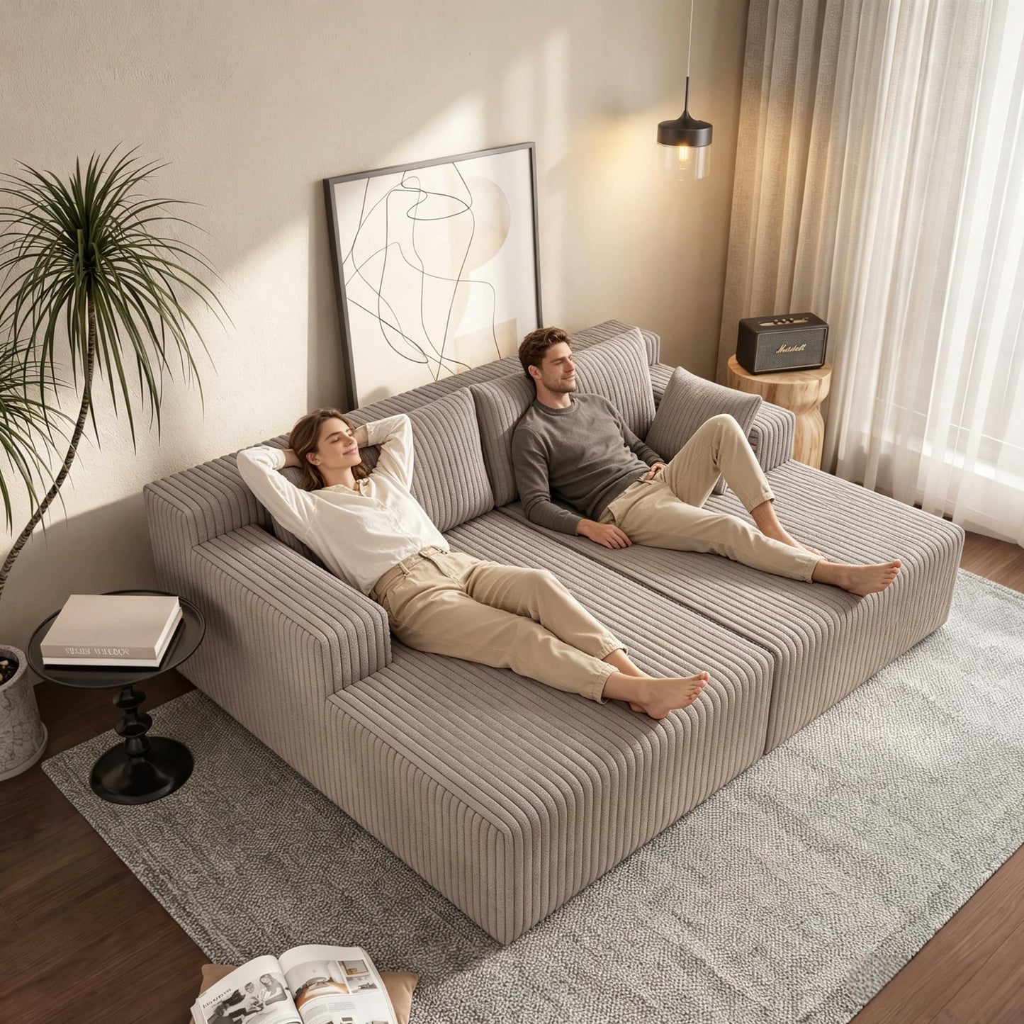 KEIKI 71" L Oversized Double Lounge Chaise Indoor, Corduroy Deep Seat Sectional Modular Couch Sleeper Loveseat Chair, Boneless Upholstered Reading Lazy Cloud Plush Sofa Bed for Living Room, Bedroom