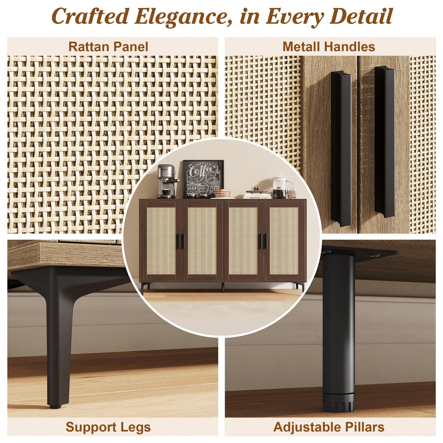 JASIWAY Buffet Cabinet with Storage, 48" Rattan Coffee Bar Cabinet Station