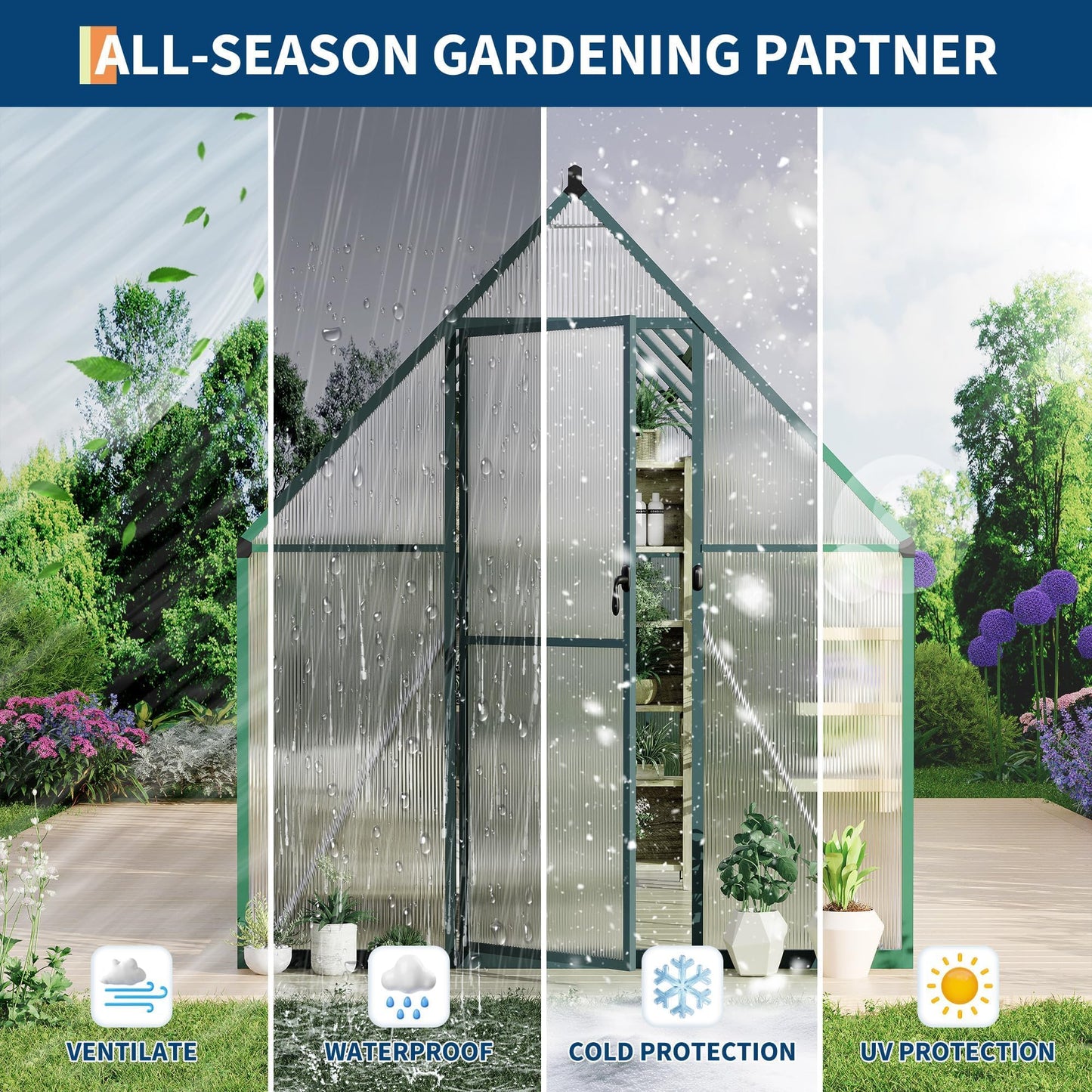 Heavy-Duty 6x11 FT Polycarbonate Greenhouse Kit for Outdoors, All-Weather Walk-in Plant Shelter with Swing Doors, Roof Vent, UV Panels, Fast Setup, Secure, Spacious Gardening