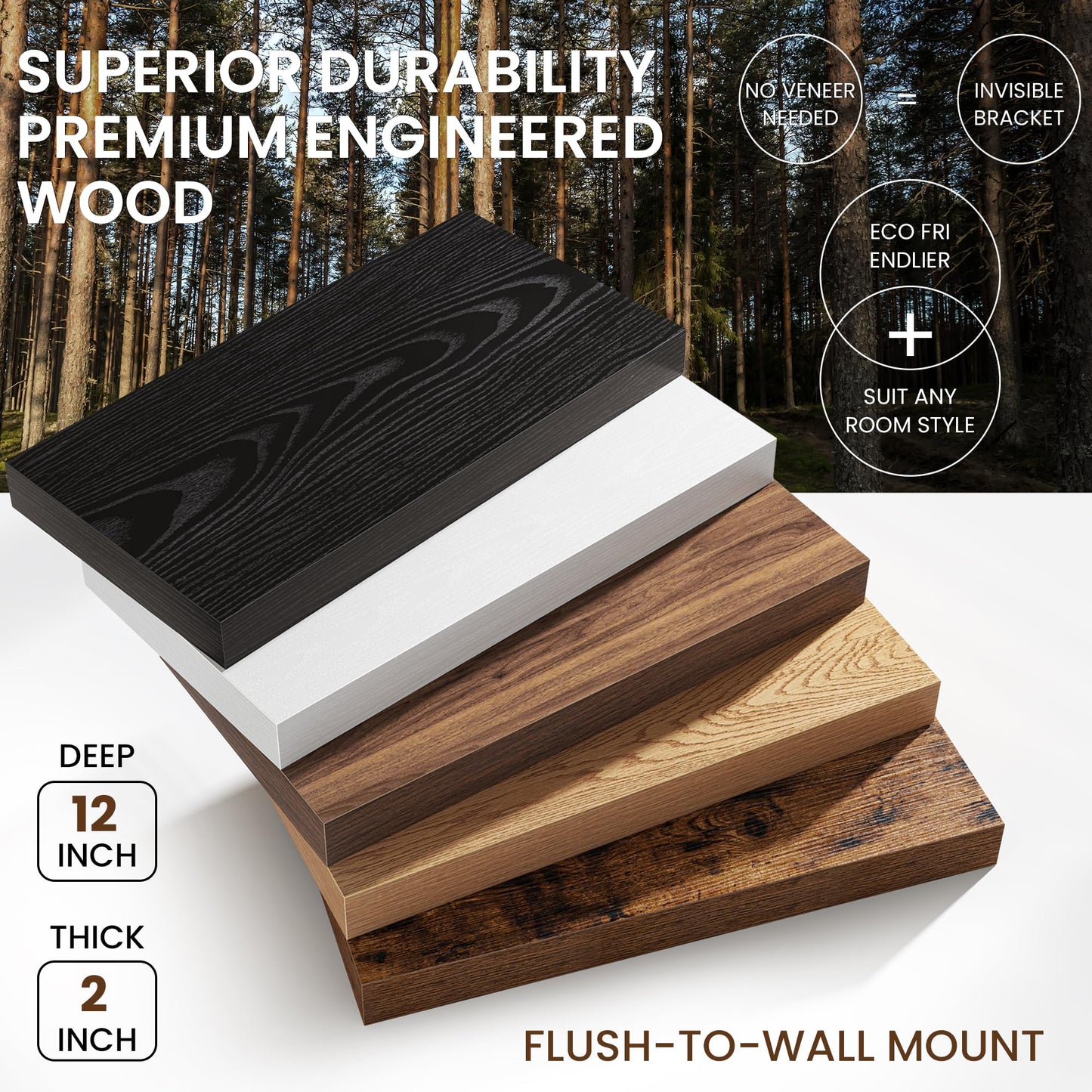Fun Memories 72 Inch Floating Shelves, 12 Inch Deep Wall Shelf for Fireplace Mantel, Deep Storage Shelves for Home & Office, Long Floating Shelf with Invisible Bracket, Walnut, Set of 2