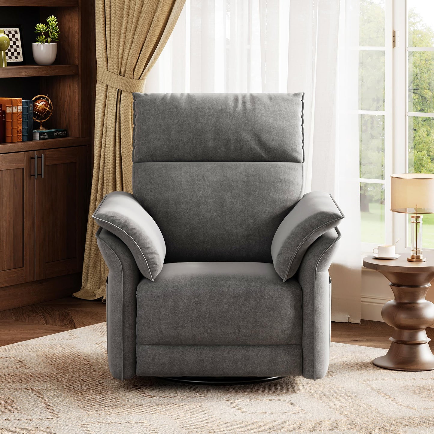 GarveeHome Power Recliner Chair, 270 °Swivel Rocking Glider with USB Charging Port, Chenille Upholstered Fabric and Double-Layer Armrests, Nursery Chair for Living Room, Nursery (Gray)