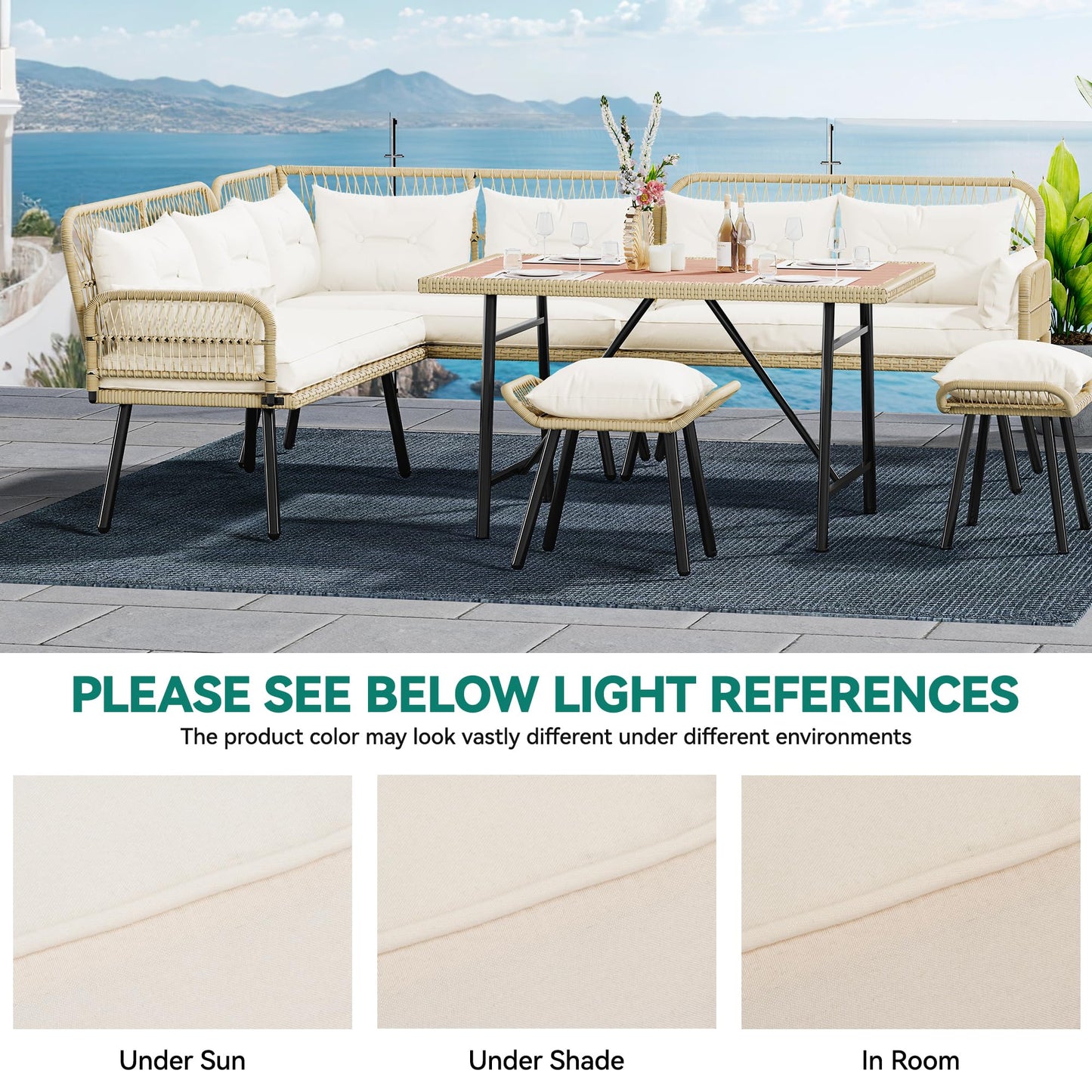 YITAHOME Patio Wicker L-Shaped Furniture Set, All-Weather Rattan Outdoor Conversation Sofa Set for Backyard Deck with Soft Cushions,Ottomans and Plastic Wood Dining Table (Light Brown+Beige)