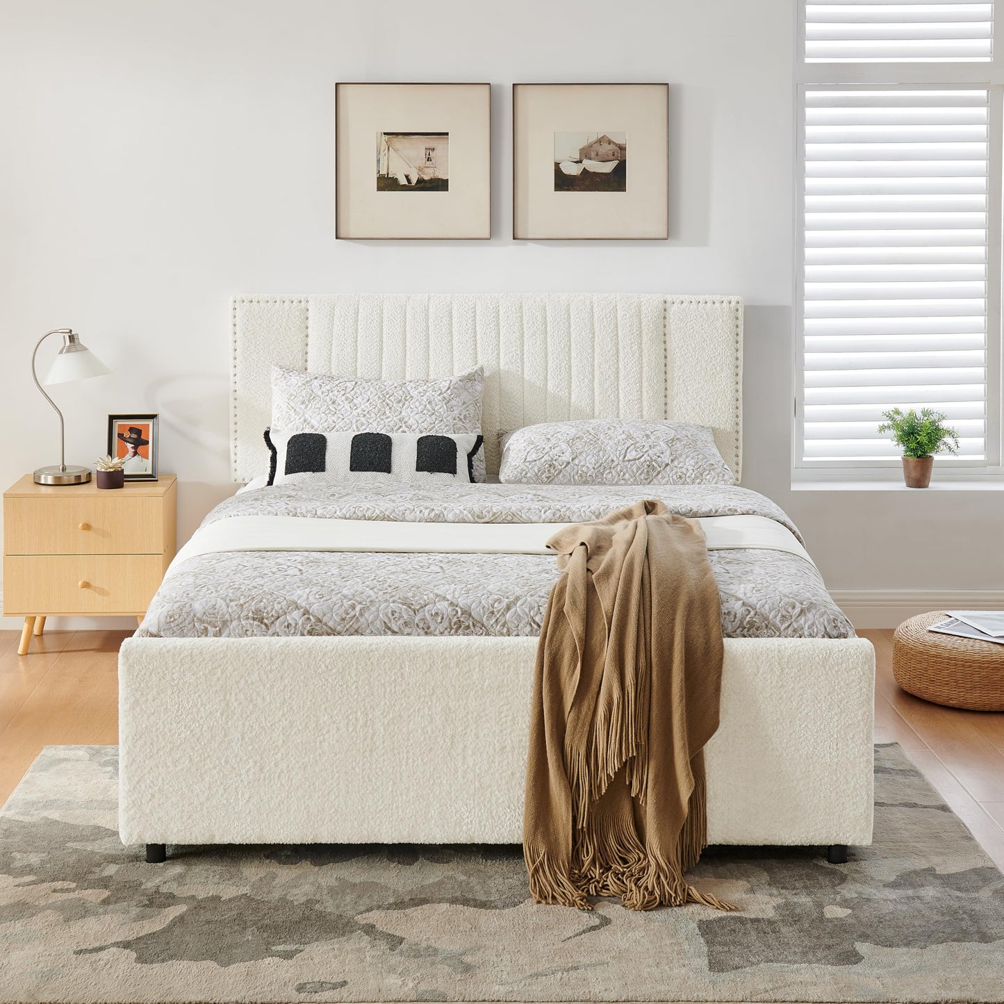 KEIKI Queen Size Upholstery Platform Bed Frame with Pull-Out Trundle & 2 Drawers, Extendable Chenille Bed with Vertical Channel Tufted Headboard & Nailhead Trim, Easy Assembly, for Bedroom, Beige