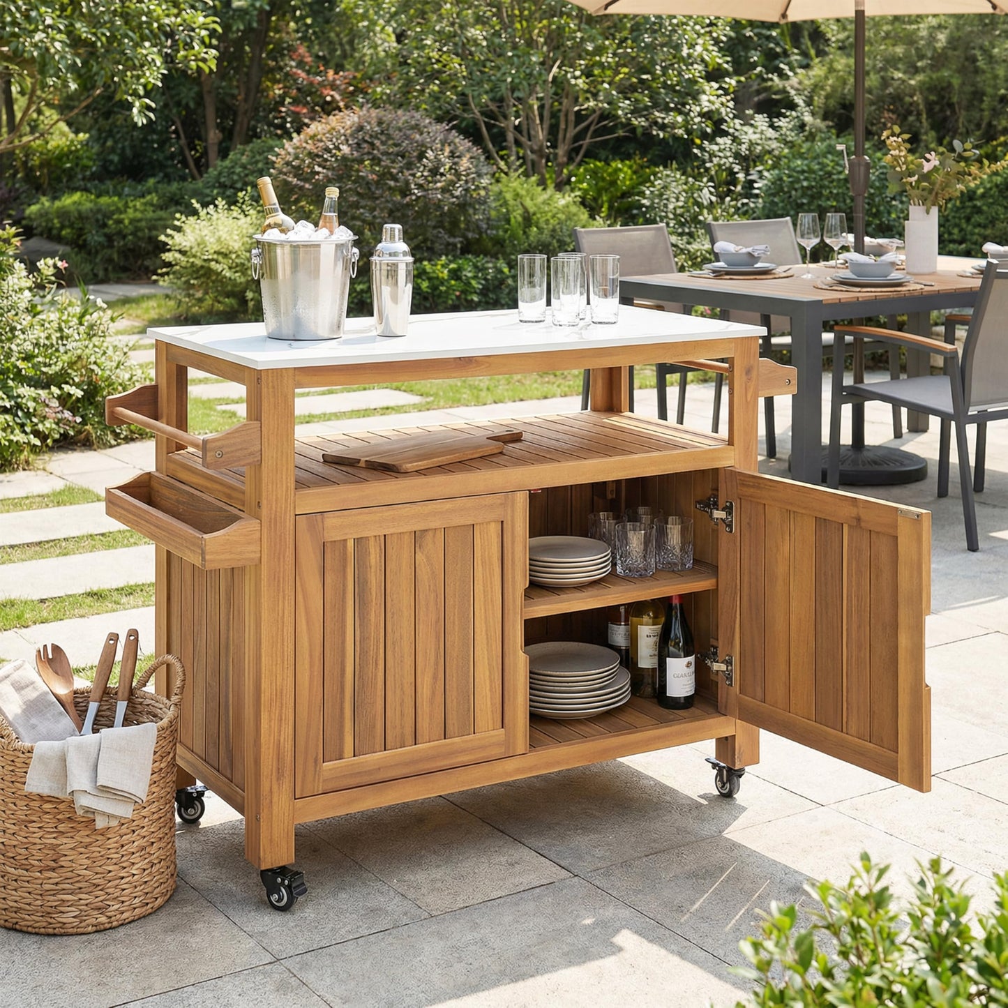 Christopher Knight Home Shina Outdoor Bar Cart with Marble-Effect Top and Lockable Wheels, Acacia Wood Outdoor Storage Cabinet with Three-Tier Slatted Shelves, Kitchen Island Serving Cart, Natural