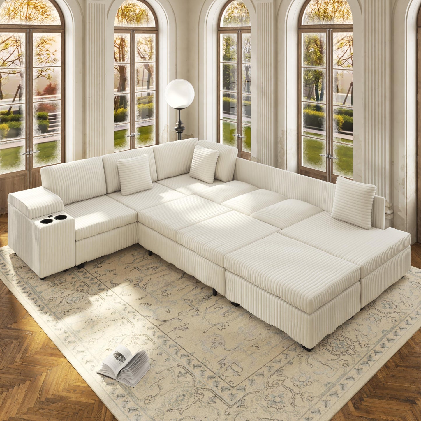 KEIKI 110" L-Shaped Oversized Plush Corduroy Modular Sectional Sofa with Pull-Out Bed, Convertible 6-Seater Sleeper Couch Bed with 1 Ottomans & USB & Cup Holders, Easy Assembly, for Living Room, Beige