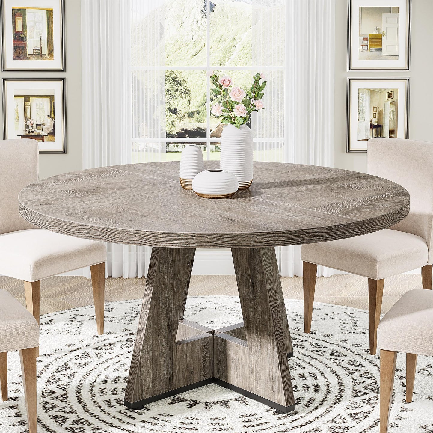 Tribesigns 47 inch Round Dining Table Wood Kitchen Table for Dining Room, 47" Dinner Room Tables for 4-6, Farmhouse Accent Furniture with Wooden Tabletop and Cross Base, Rustic Grey