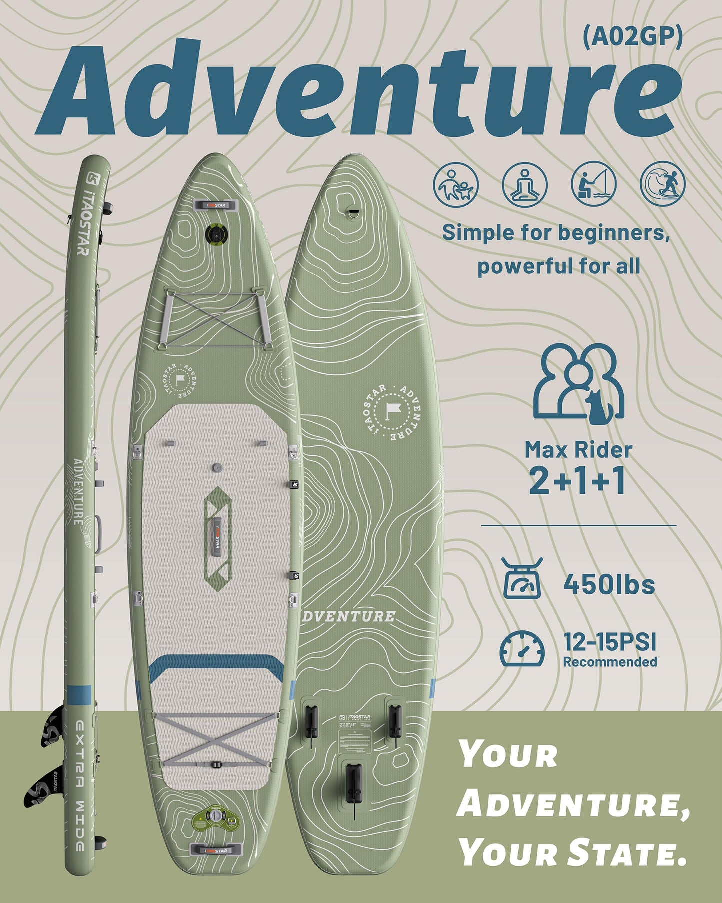 iTAOSTAR Adventure 12' × 35" Inflatable Stand Up Paddle Board with Seat, Extra Wide SUP Board with 5 Fins Stable Design for Familly, Youth, All Skill Levels, Lakes, Oceans & Fishing