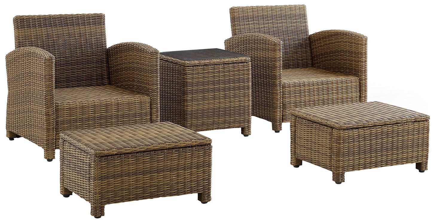 Crosley Furniture Bradenton 5-Piece Outdoor Chair Patio Furniture Set, Wicker Conversation Sets for Porch, Weathered Brown with Sand Cushions
