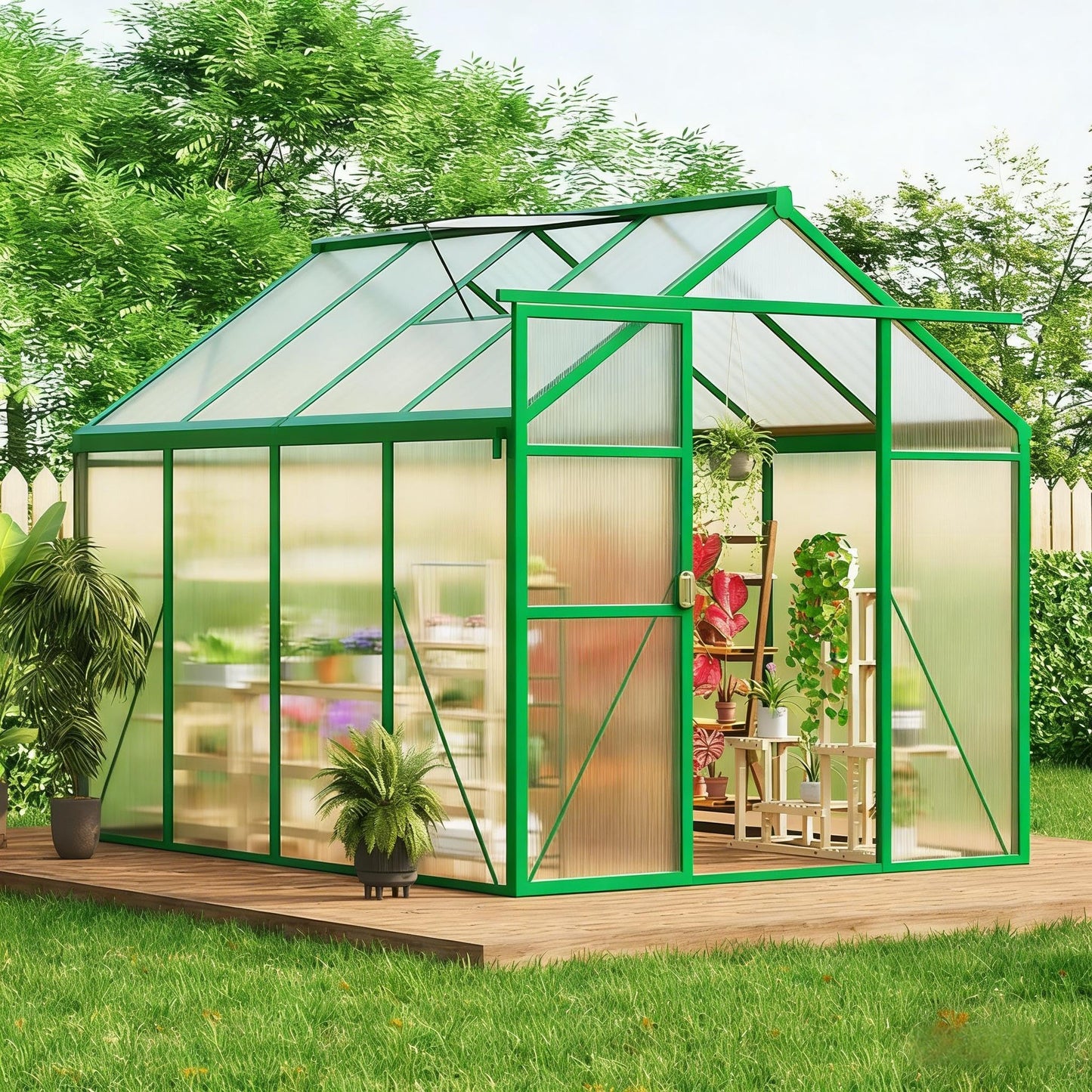 6X8FT Greenhouse, Aluminum Polycarbonate House, Green Houses for Outside with Sliding Doors, Outdoor Greenhouse with Ajustable Roof Vent, Withstands Bad Weather for Garden, or Backyard, Green