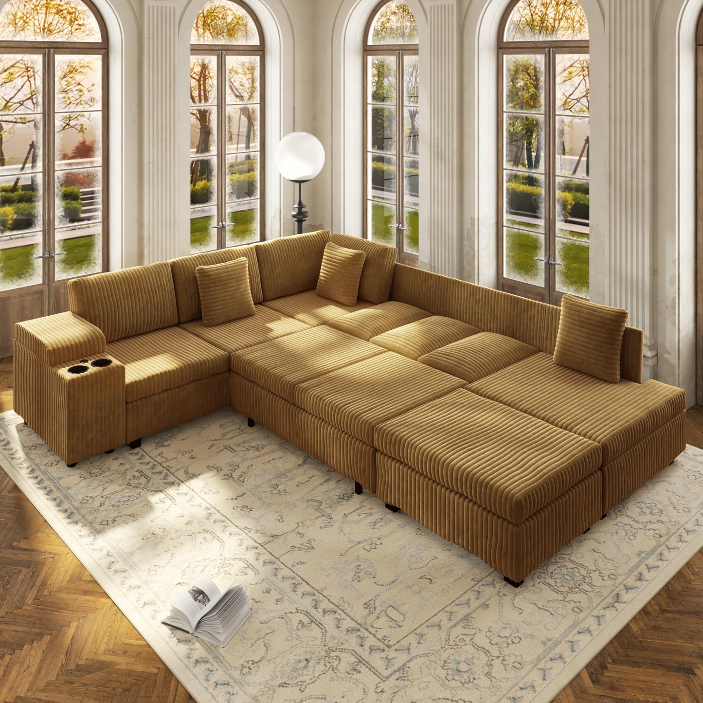 KEIKI 110" L-Shaped Oversized Plush Corduroy Modular Sectional Sofa with Pull-Out Bed, Convertible 6-Seater Sleeper Couch Bed with 1 Ottomans & USB & Cup Holders, Easy Assembly, for Living Room, Camel