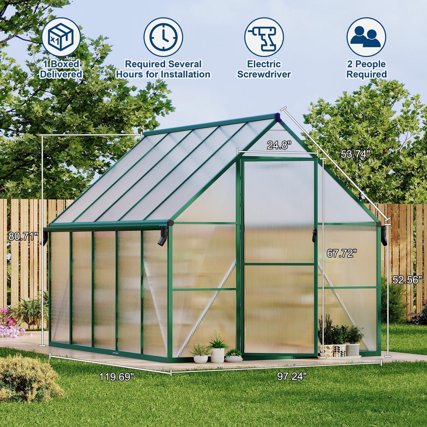 CABIHOME 8x10 FT Outdoor Greenhouse, Polycarbonate Greenhouse with Roof Vent and Ground Nails, Aluminum Large Walk-in Green House w/ Lockable Push Door for Outdoor Garden (Olive, 8x10 FT)