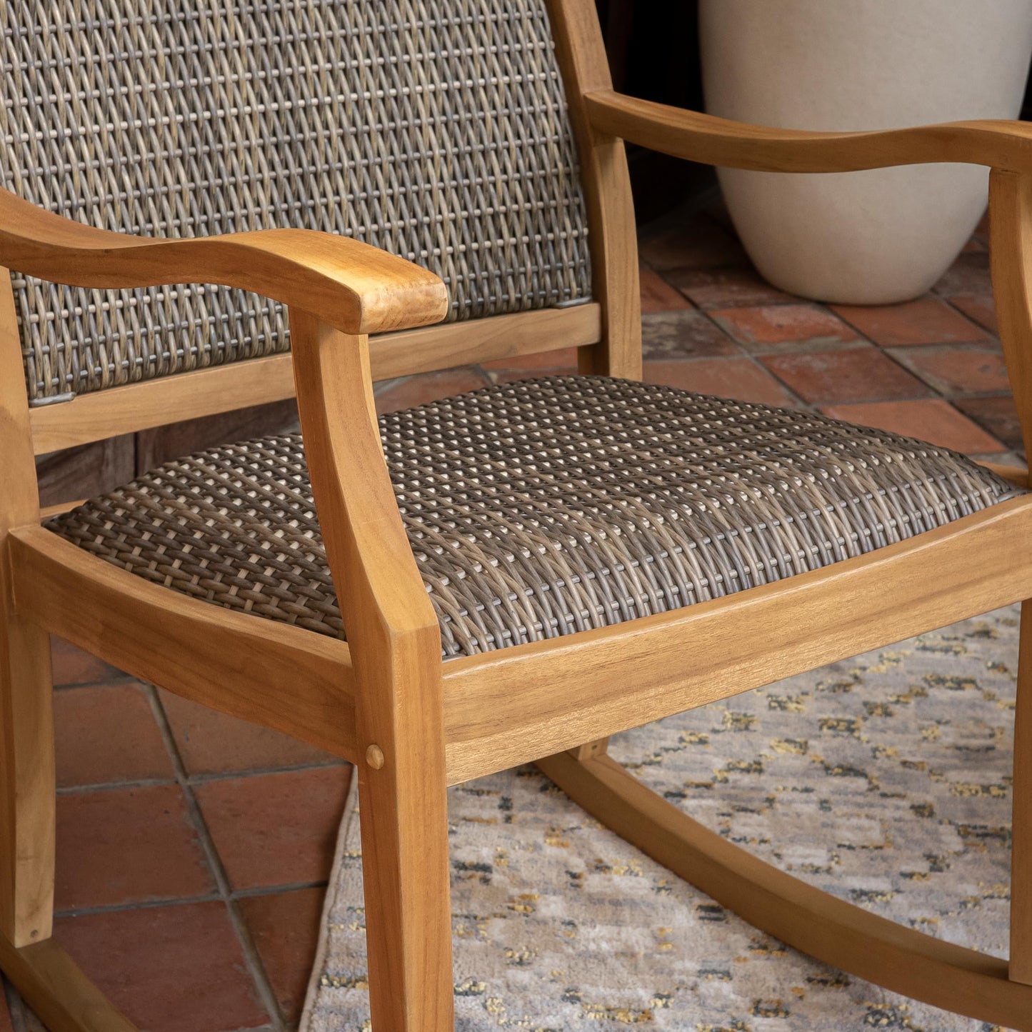 Cambridge Casual Dunham Teak Outdoor Conversation Chat Set Includes 2 Padded Woven Seat Porch Rocking Chairs & Side Table, Wicker & Quick-Dry Foam