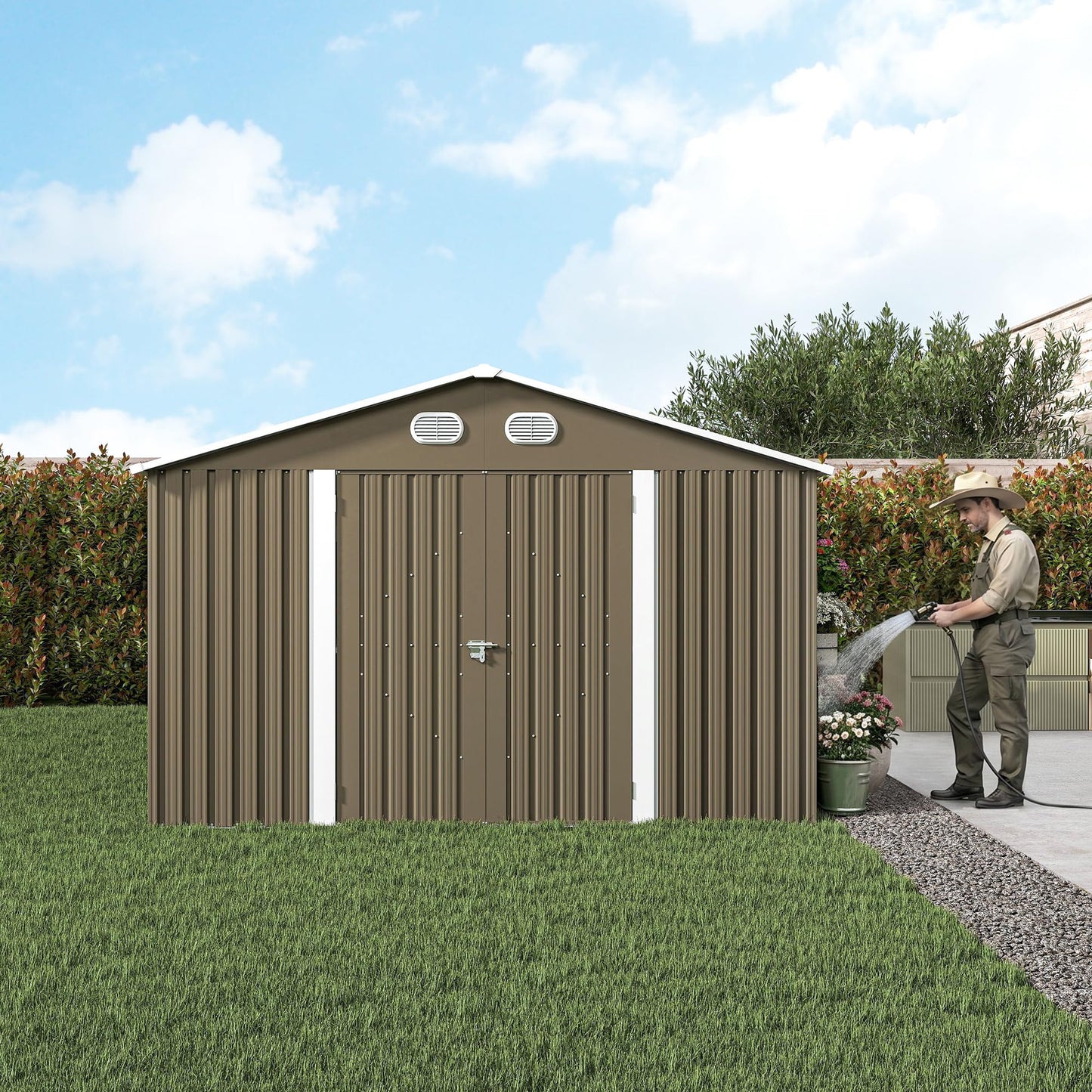 KEIKI 10x12 FT Metal Outdoor Storage Shed, Heavy Duty Steel Garden Tool Shed with Lockable Doors, Window & Sloped Roof, Waterproof Backyard Patio Storage Building, Coffee