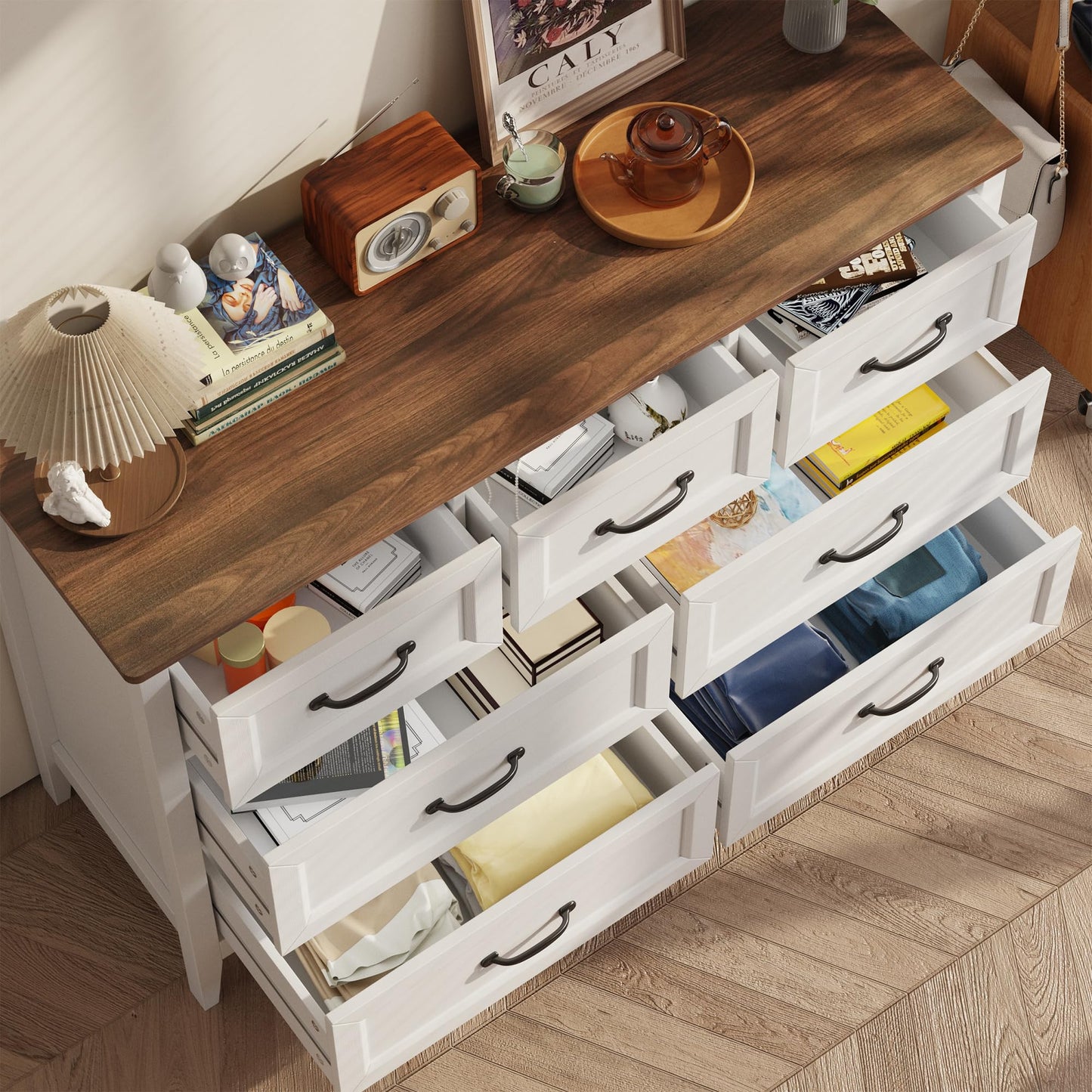 Gizoon Farmhouse 7 Drawers Dresser, White Chest of Drawers with Metal Handles, 47" Wide Wooden Storage Organizer for Bedroom, Hallway, Living Room, Tabletop-Retro