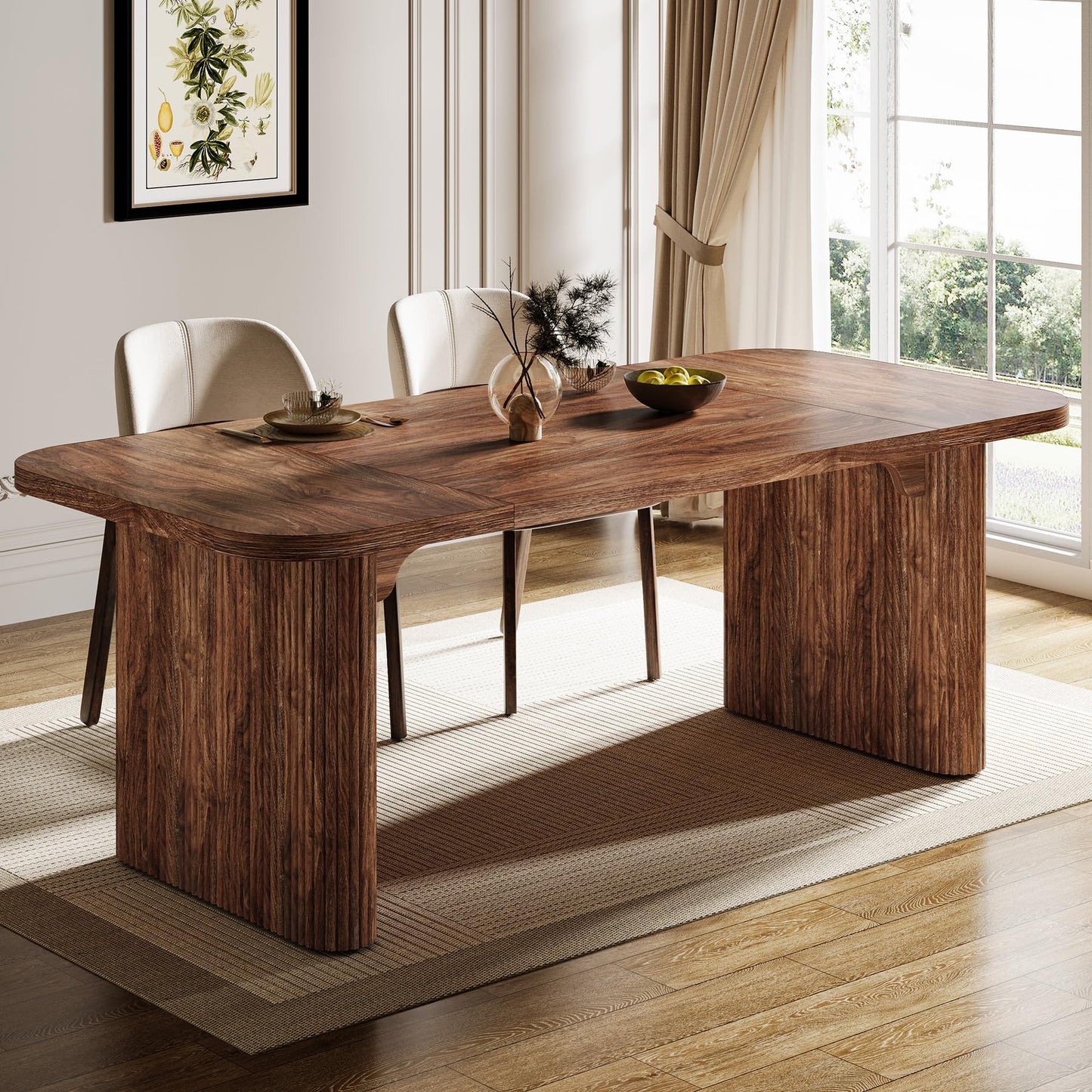 Tribesigns Modern Dining Table for 6 People, 62-Inch Dark Brown Kitchen Table with Double Robust Pedestal, Long Rectangle Wood Dinner Table for Dining Room