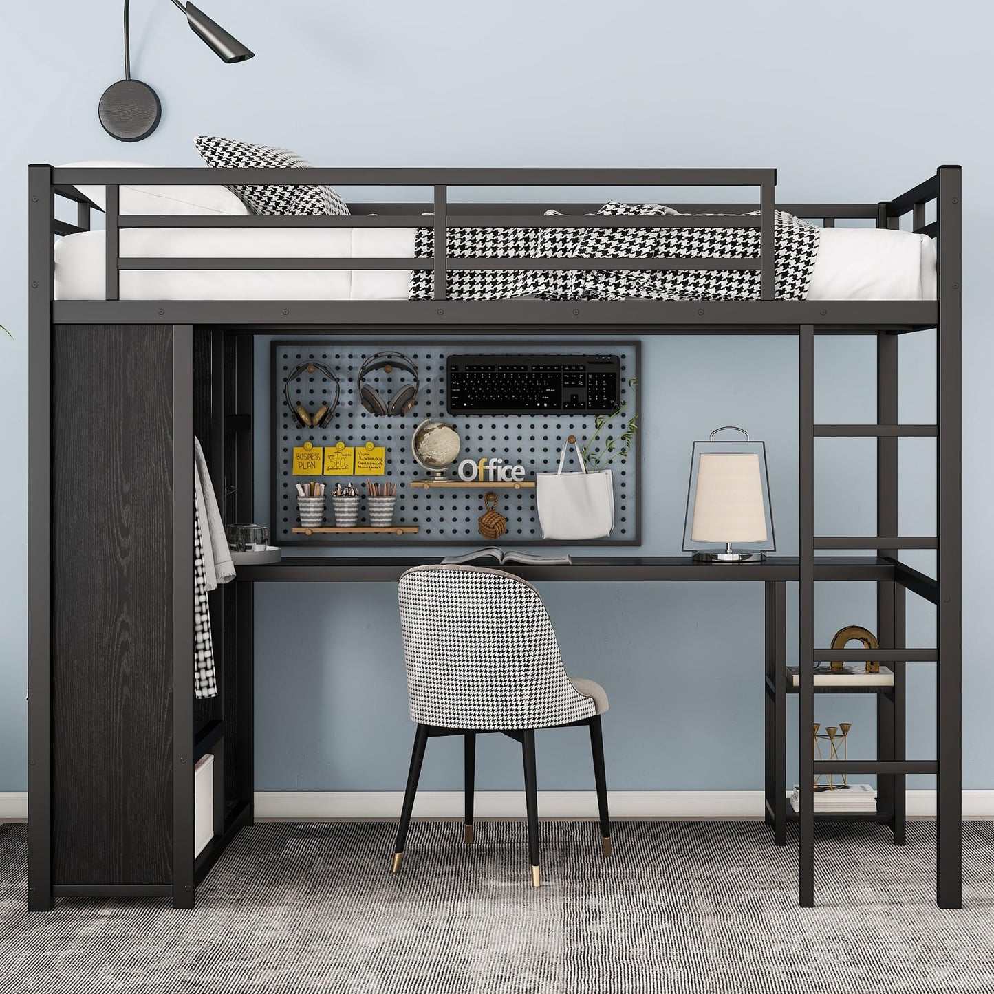 Twin XL Loft Bed with Desk and Storage Shelves, Twin XL Loft Bed with Wardrobe and Hanging Rod, Game Loft Bed with Guardrail and Ladder(Twin XL Balck)