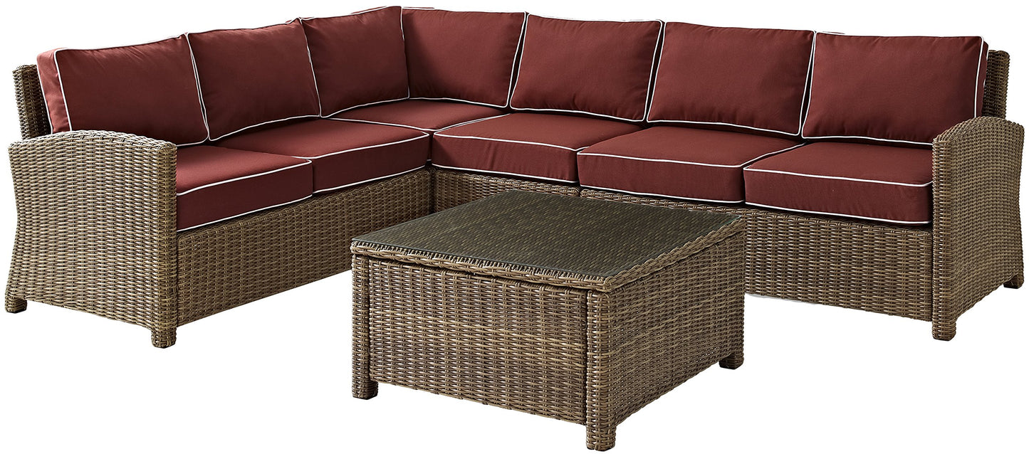 Crosley Furniture Bradenton 5-Piece Outdoor Sectional Sofa Wicker Conversation Patio Furniture Set for Deck, Brown with Sangria Cushions
