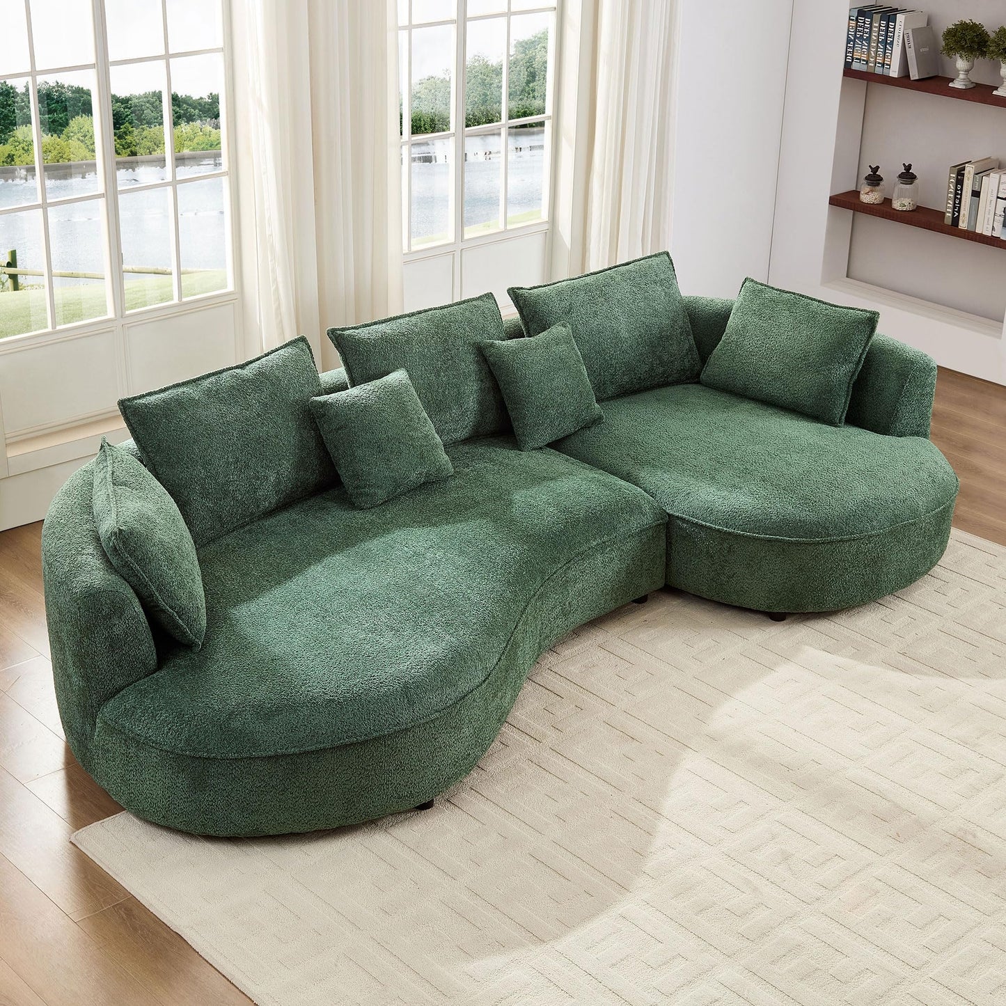 KEIKI 125" Luxury Curved Boucle Sectional Sofa with Right Chaise, Upholstered Modern Style Oversized 5-Seater Couch with Thickened Seat Cushions, Easy Assembly, for Apartment, Living Room, Green