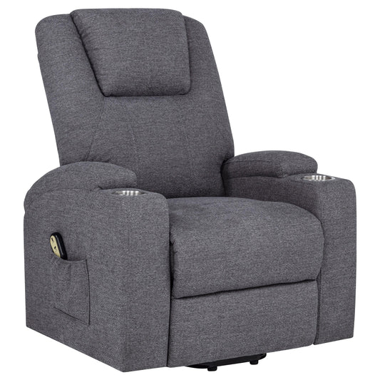 Coaster Home Furnishings - Louie - Power Lift Massage Recliner with Pocket Coil Seat, Pillow-Top Arms, Transitional Style, Dual Cup Holders and Side Storage Pockets - Living Room - Dark Grey - 610453P