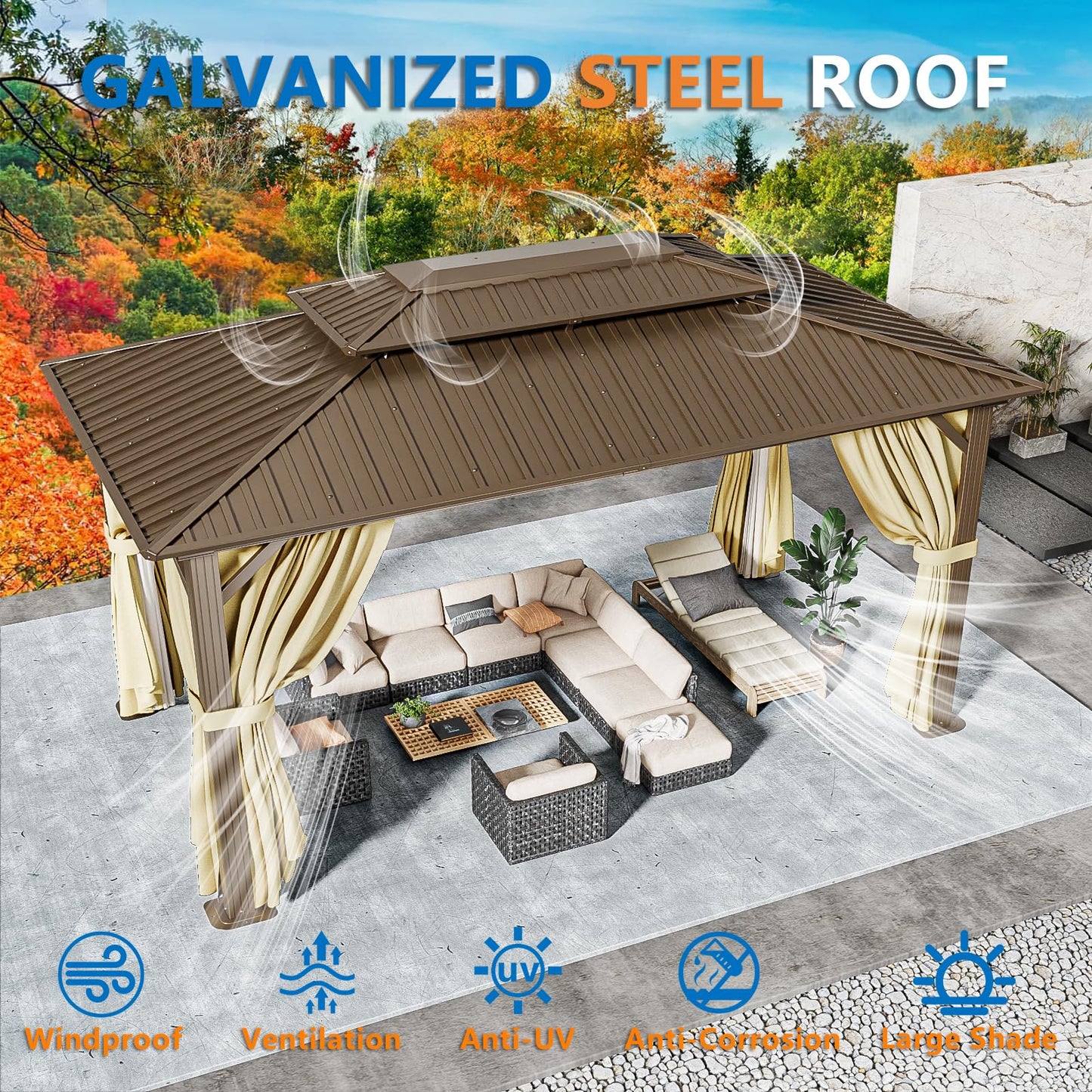 HOTEEL 10x15 Hardtop Gazebo On Clearance with Heavy Duty Galvanized Steel Metal Roof, Patio Hard Top Gazebo with Curtains & Netting,Outdoor Permanent Hot tub Gazebo Pavillon for Backyard,Deck,Brown