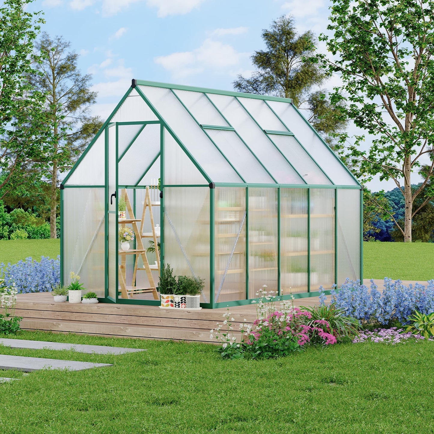 Heavy Duty 6x9 FT Polycarbonate Greenhouse for Outdoors, Aluminum Frame, UV-Blocking Panels, Double Doors, Roof Vent, Rain Gutter—Small Greenhouse for Outside Gardening