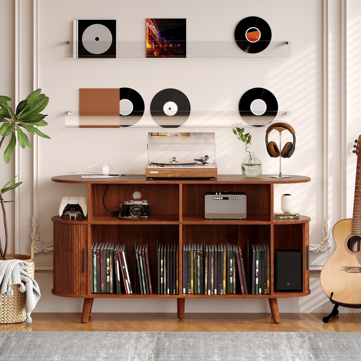 IDEALHOUSE 55" Large Record Player Stand with Vinyl Storage – Round Mid-Century Record Player Table Rustic Turntable Stand with Open Display Shelves, Charging Station, Media Cabinet for Office & Home