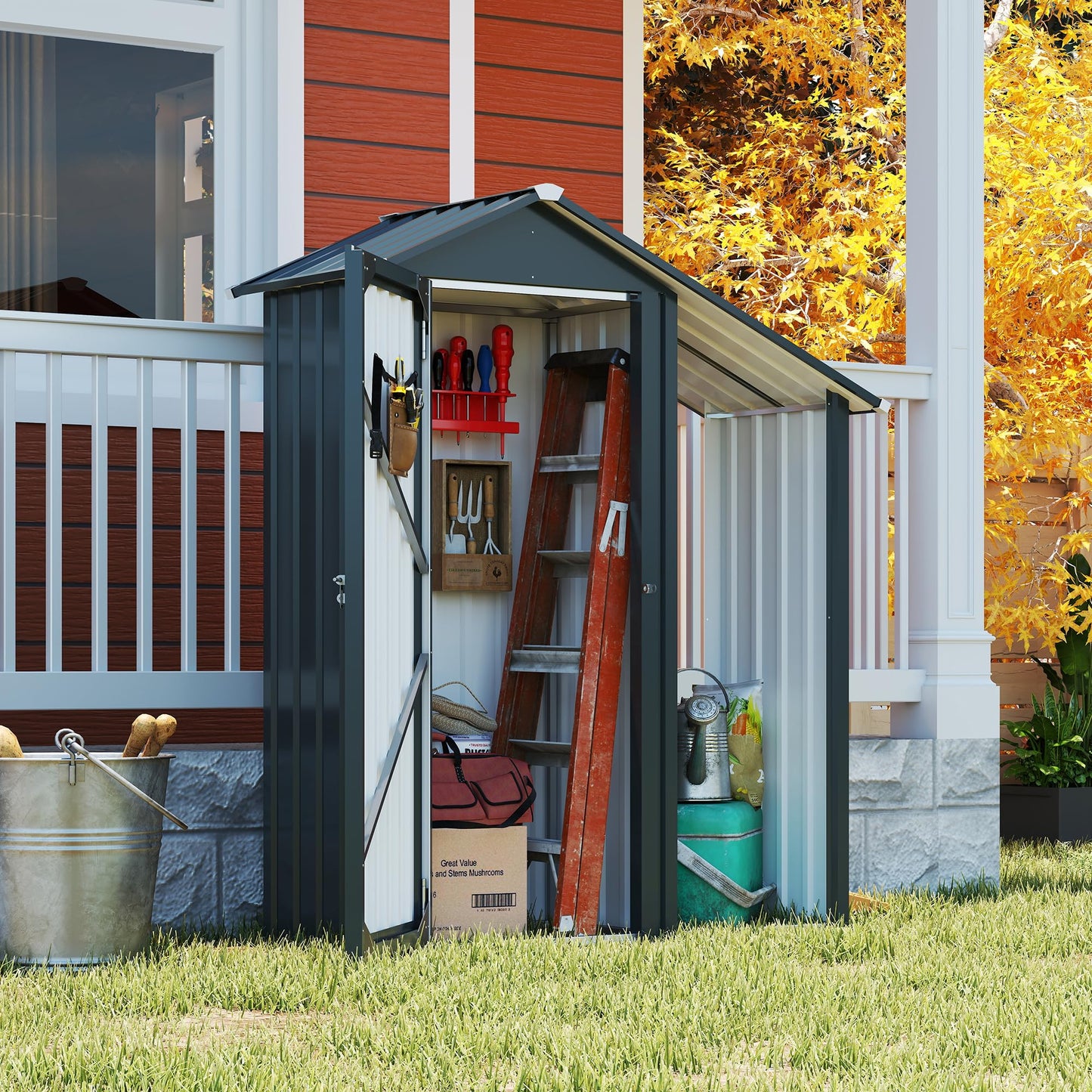 KEIKI 2-in-1 Outdoor Storage Shed & Tool Cabinet, 4.6FT Metal Garden Shed with Lockable Compartment, Open Firewood Rack, Waterproof Small Outside Storage Shed, Galvanized Steel, Dark Gray