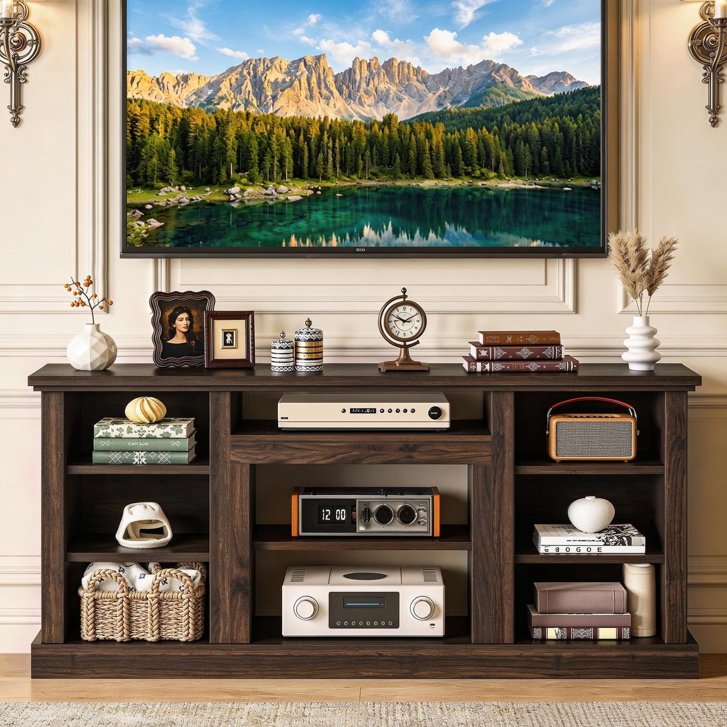 YITAHOME Farmhouse TV Stand for 75/80 Inch TVs, Entertainment Center with Adjustable Shelf & Open Storage, TV Console Table with Cord Management for Living Room, Bedroom (Walnut)