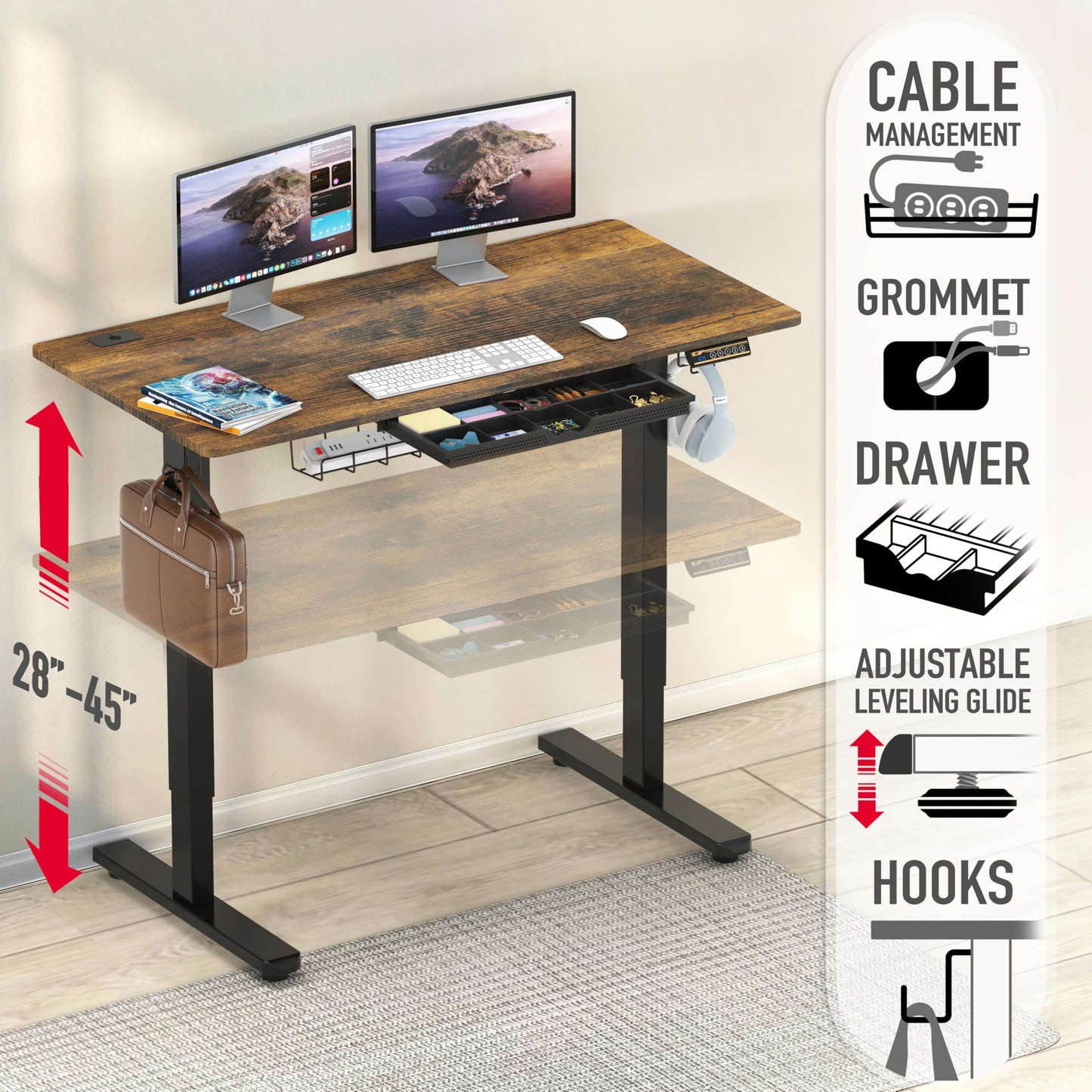SHW 48-Inch Electric Height Adjustable Standing Desk with Drawer, Memory Preset and Cable Management Tray, Rustic Brown