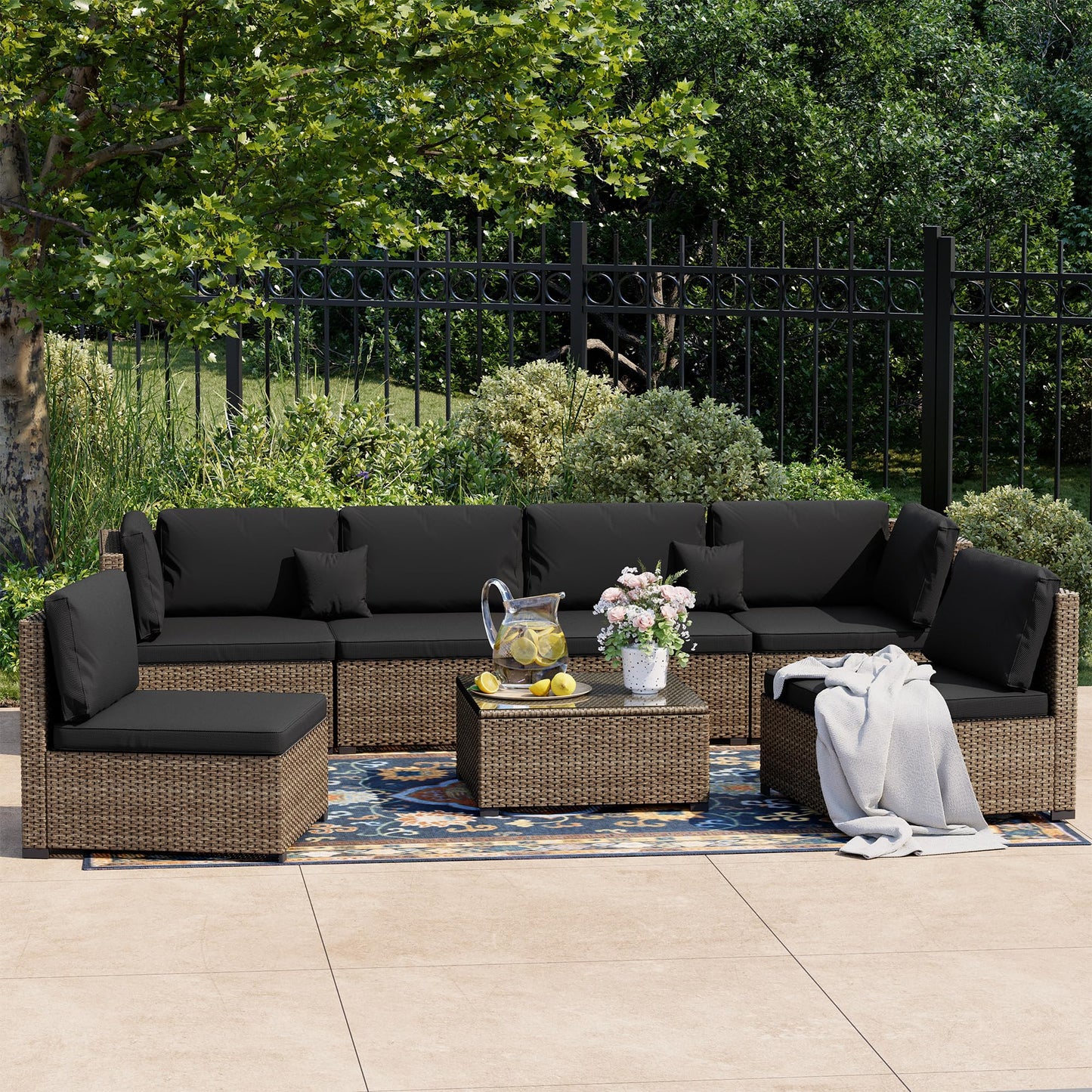 LHBcraft 7 Pieces Outdoor Furniture Set, Wicker Furniture Patio Conversation Sets with Tea Table and Thickened Black Cushions, Outdoor Patio Sectional Sofa for Garden, Poolside, Backyard