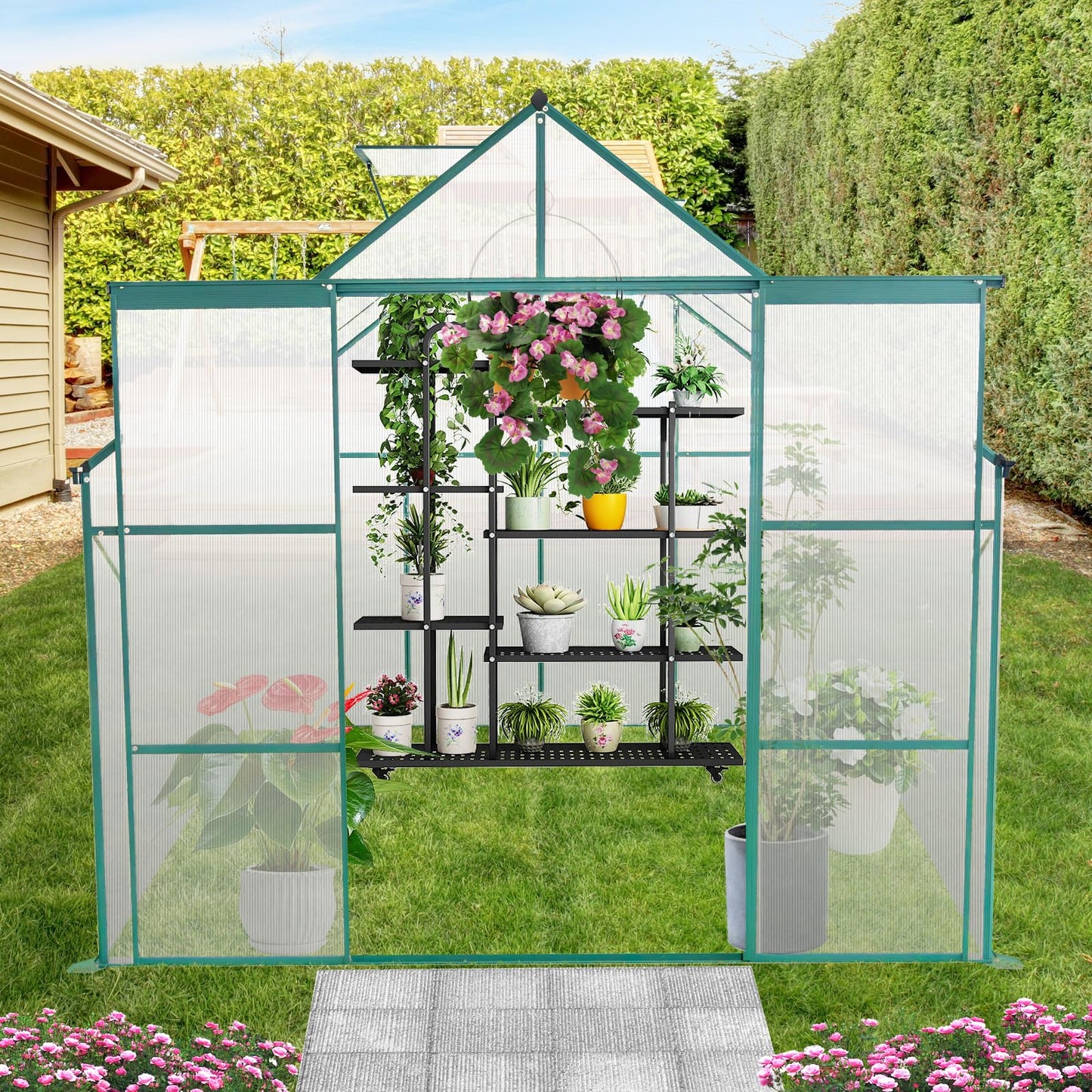 Ball & Cast 8X6 FT Greenhouse for Outdoors,Double Sliding Door Polycarbonate Raised Plant Base with Drainage System,Backyard Aluminum Heavy Duty Walk-in Green Houses w/ Adjustable Roof,Green