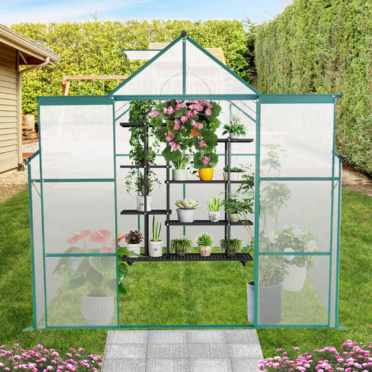Ball & Cast 8X6 FT Greenhouse for Outdoors,Double Sliding Door Polycarbonate Raised Plant Base with Drainage System,Backyard Aluminum Heavy Duty Walk-in Green Houses w/ Adjustable Roof,Green