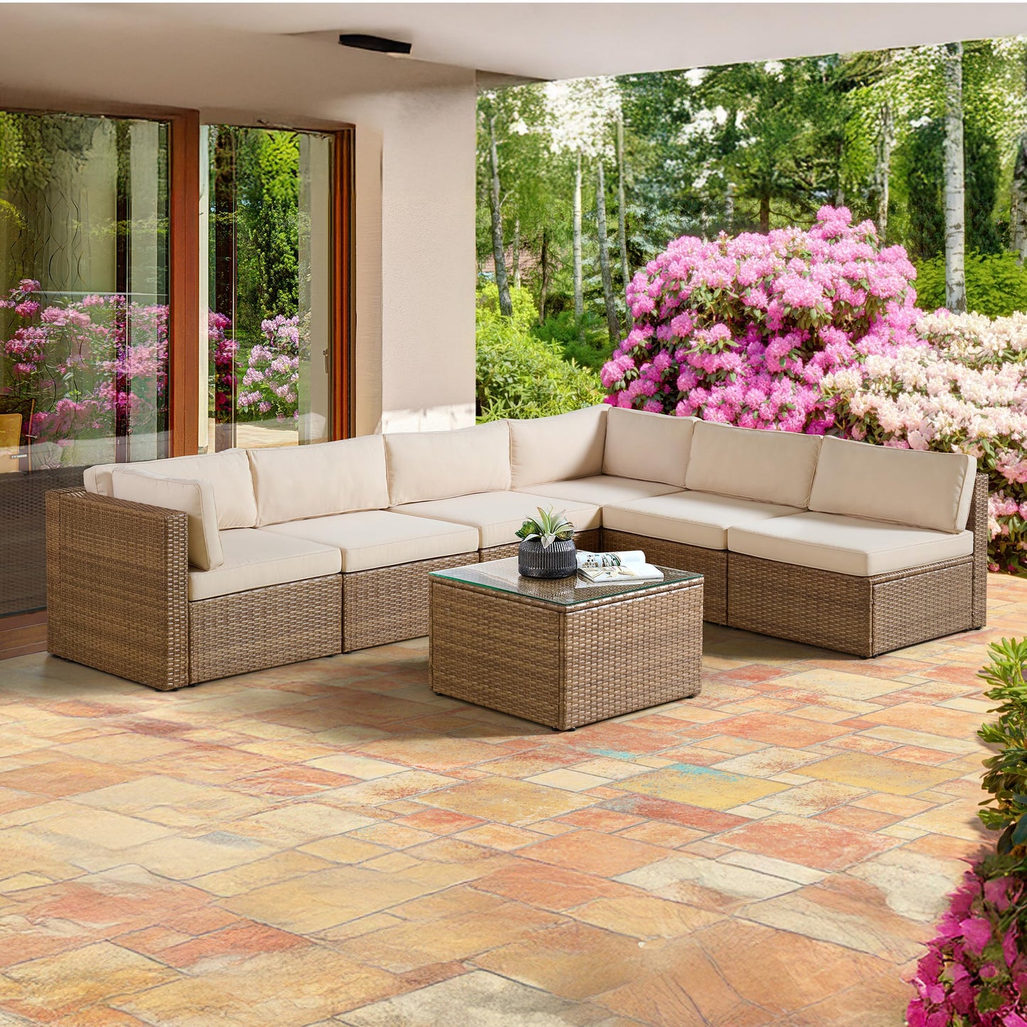 Alaterre Furniture Montara 7 Piece Modular Outdoor Patio Furniture Set - Weather-Resistant Wicker Rattan Patio Table and Chairs Set - Outdoor Couch Set for Backyard, Porch, or Deck (Tan/Cream)