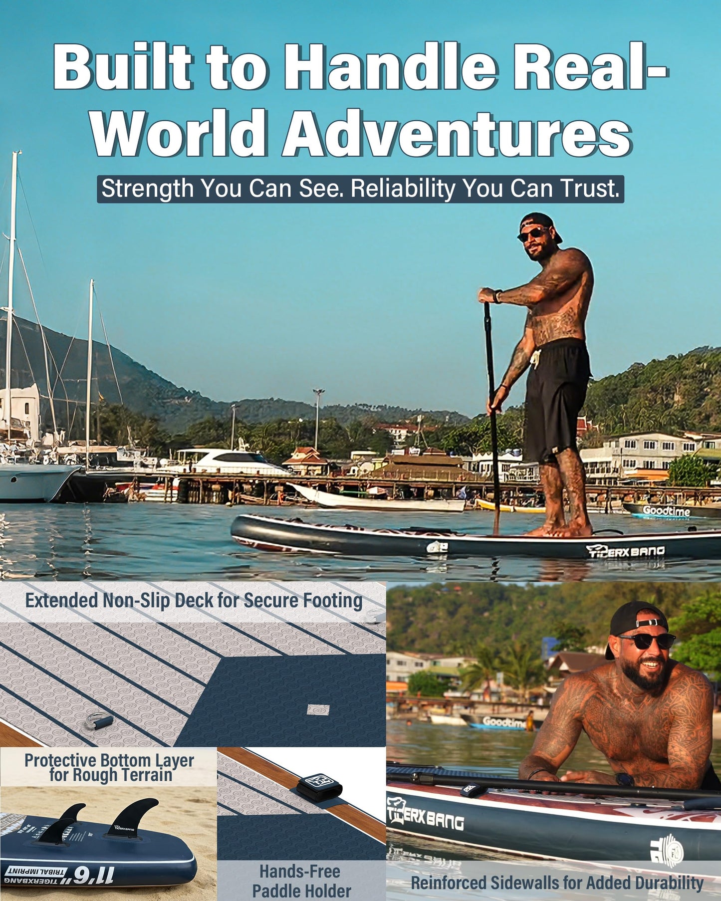 TIGERXBANG Inflatable Stand Up Paddle Board, 11'6" x 35" x 6", Tribal Joy Design, SUP for 3 People, Ideal for Leisure, Touring & Adventure
