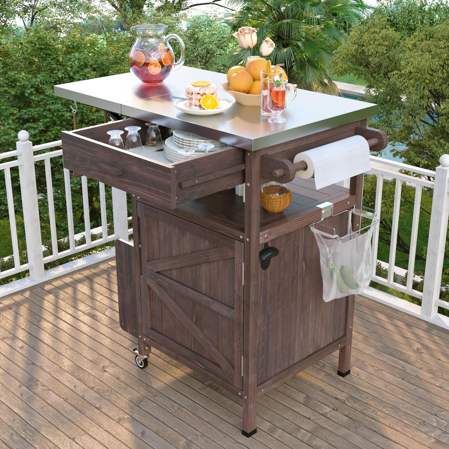 Trygoal Outdoor Grill Cart with Stainless Steel Top, 40.5”Solid Wood BBQ Prep Table for Pizza Oven, Mobile Outdoor Kitchen Island with Drop Leaf, Storage Cabinet, Towel Rack & Spice Holder for Patio
