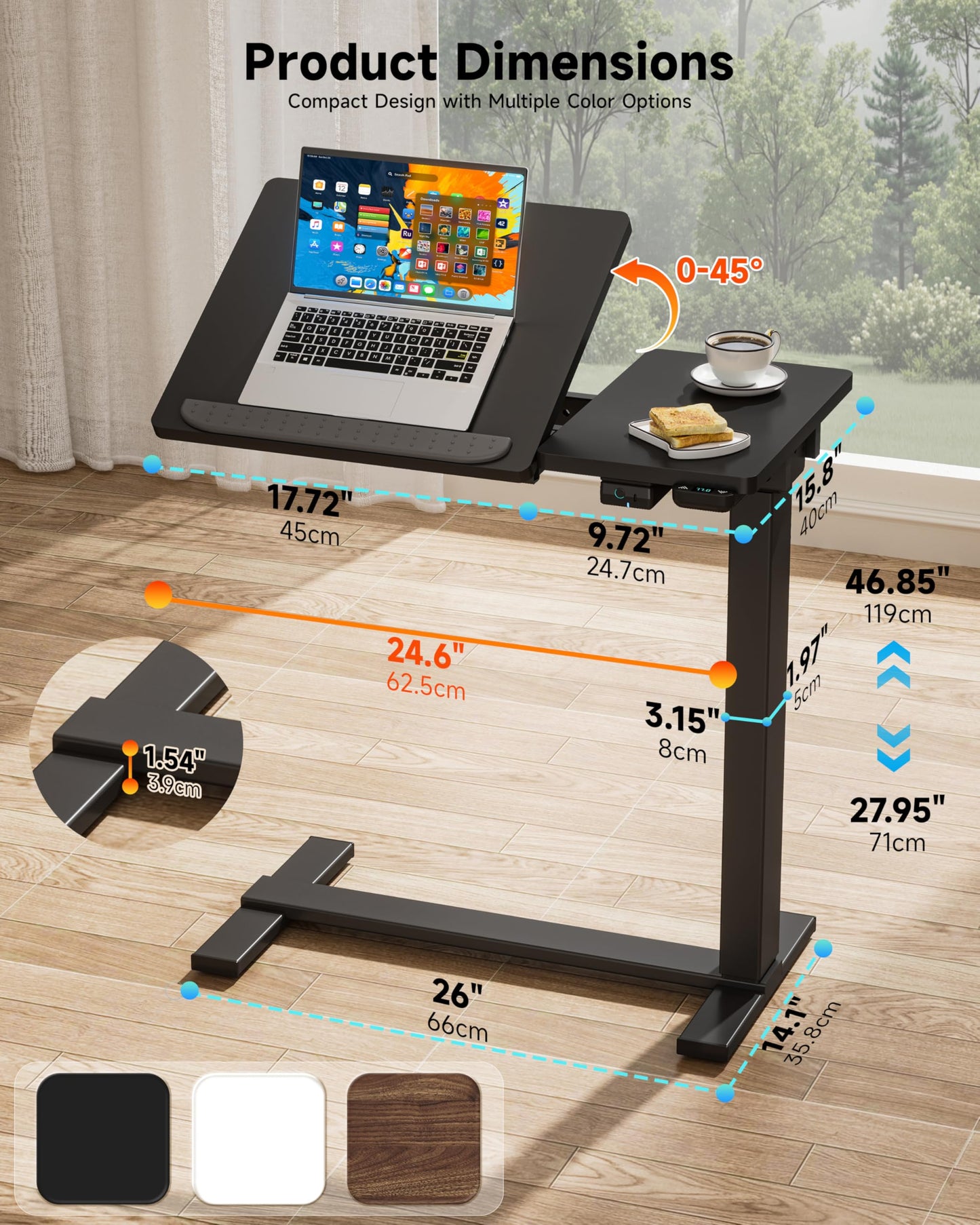 BIZUM Small Electric Standing Desk, Overbed Table Wireless Tilt Top with Hidden Wheels, 27.6×15.8 Inch Adjustable Rolling Laptop Desk, USB-C Rechargeable Battery, Black